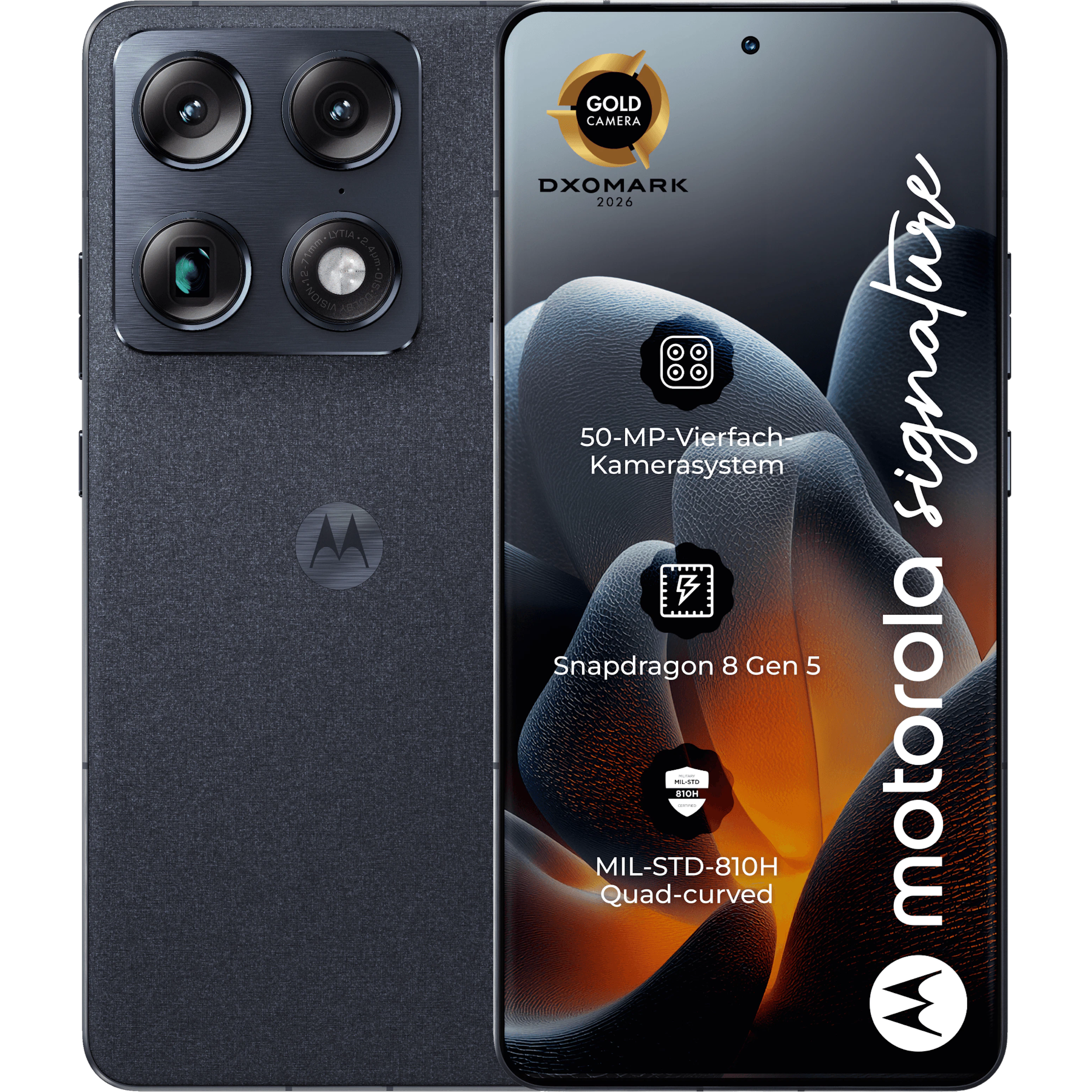 Rück- und Vorderansicht Motorola Signature in der Farbe Carbon.