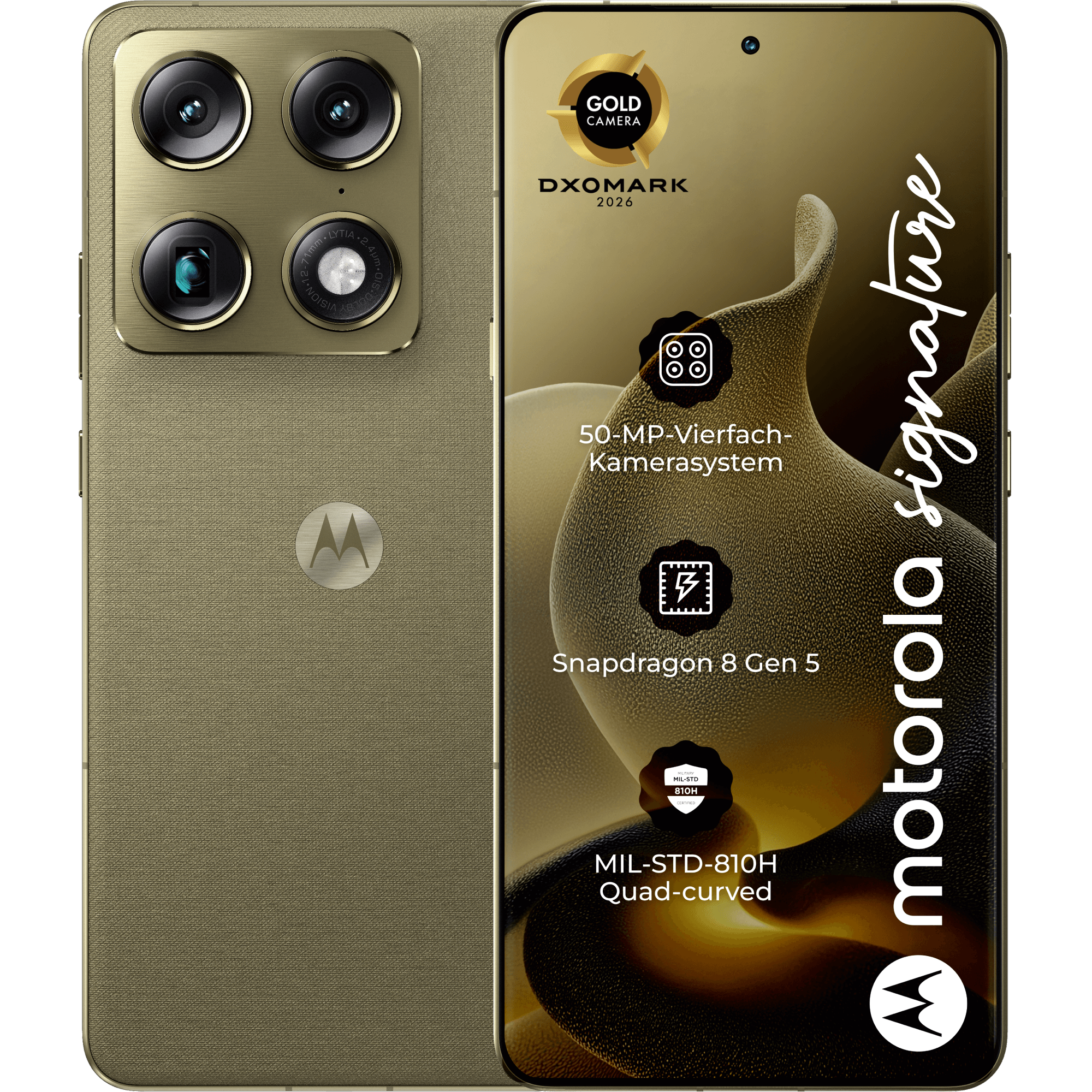 Rück- und Vorderansicht Motorola Signature in der Farbe Martini Olive.