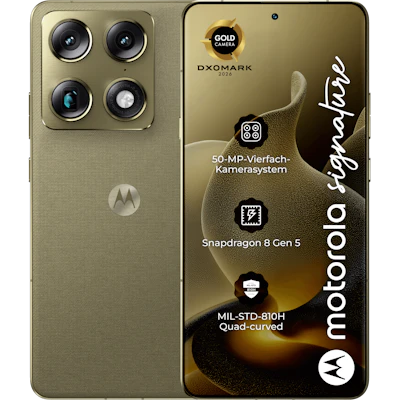 Rück- und Vorderansicht Motorola Signature in der Farbe Martini Olive.