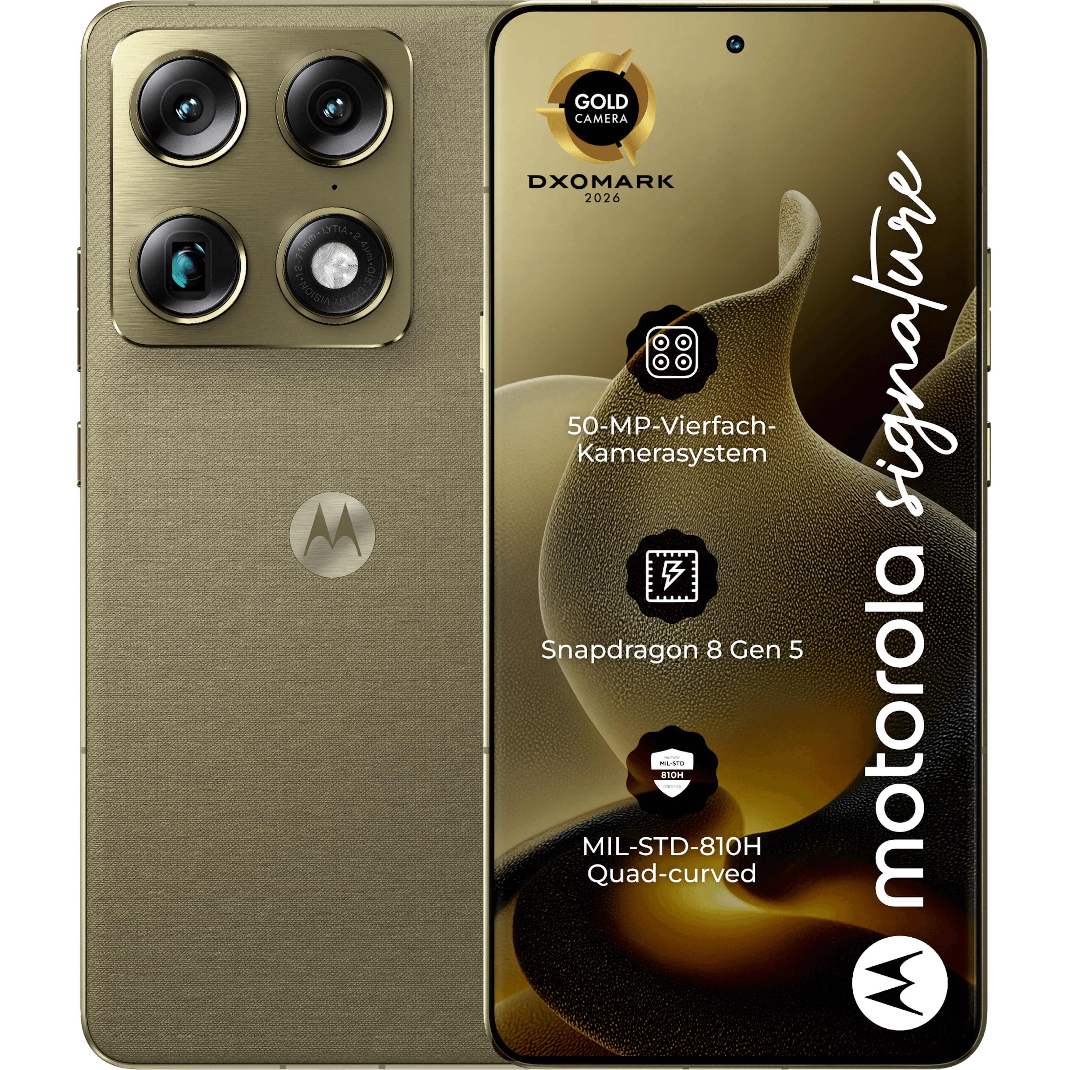 Rück- und Vorderansicht Motorola Signature in der Farbe Martini Olive.