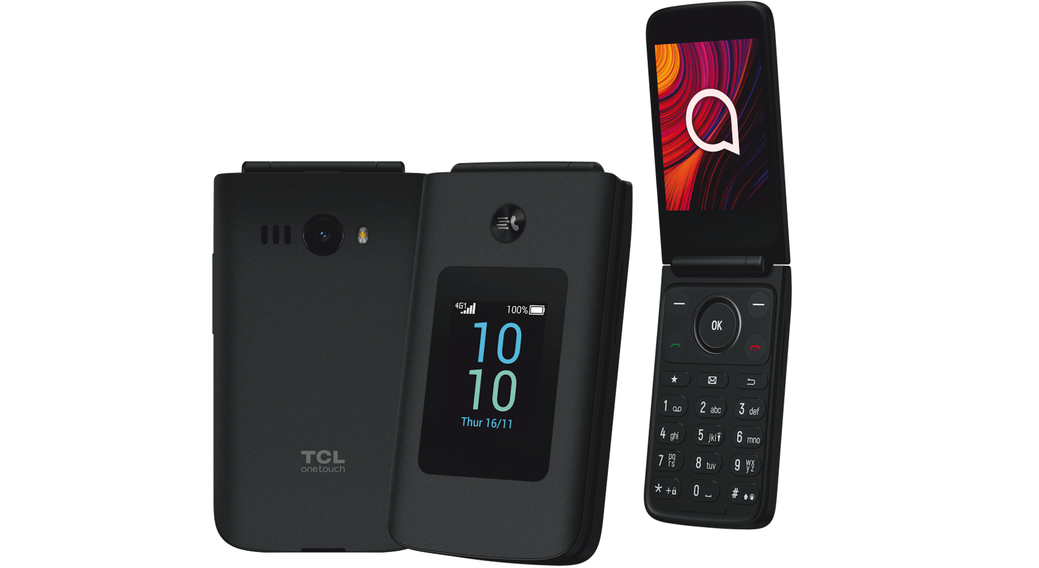 Zugeklappte Vorder- und Rückansicht und aufgeklappte Vorderansicht TCL Onetouch 4043D.