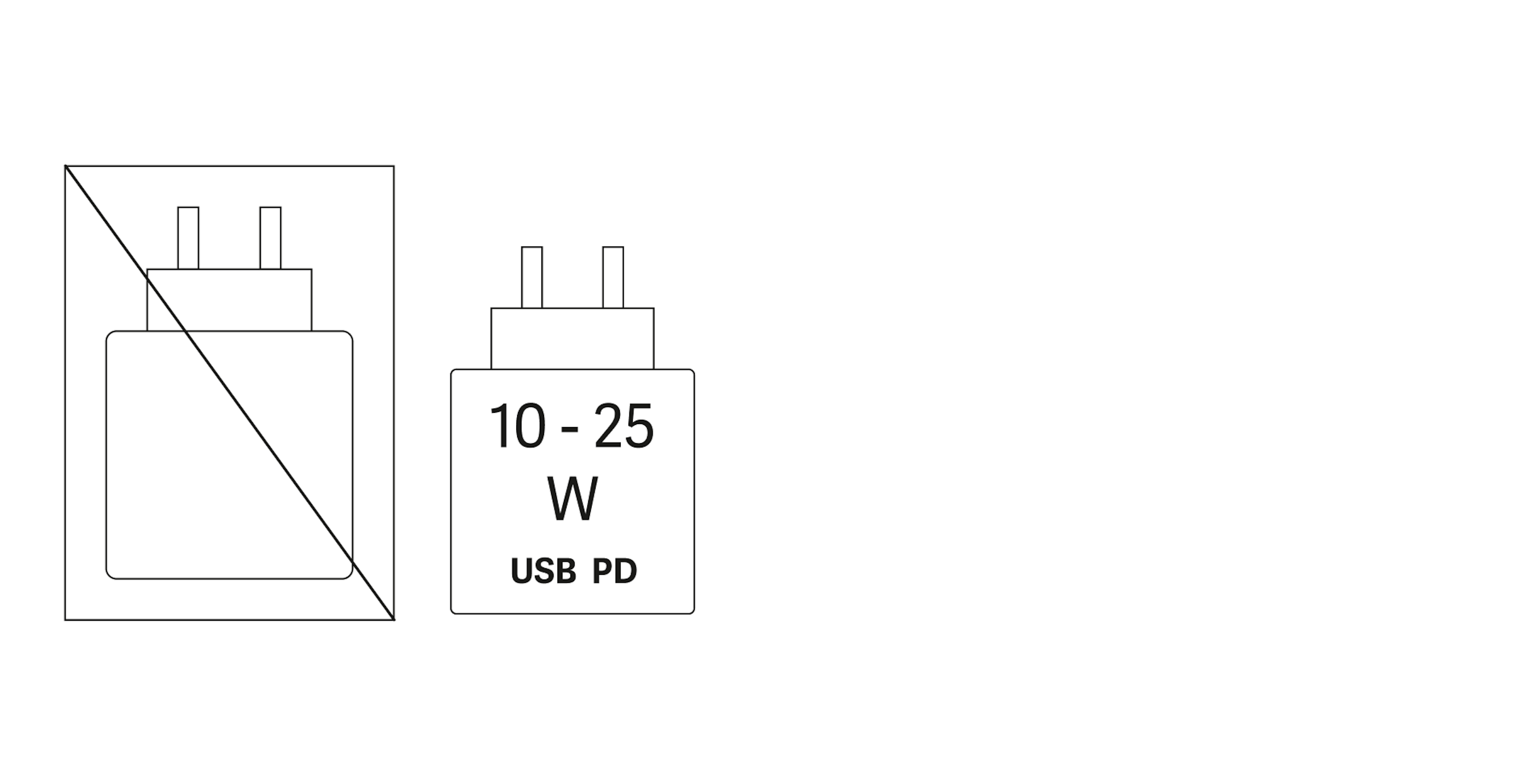 Lieferung ohne Netzteil, Gerät wird mit 10 - 25 Watt USB Power Delivery geladen.