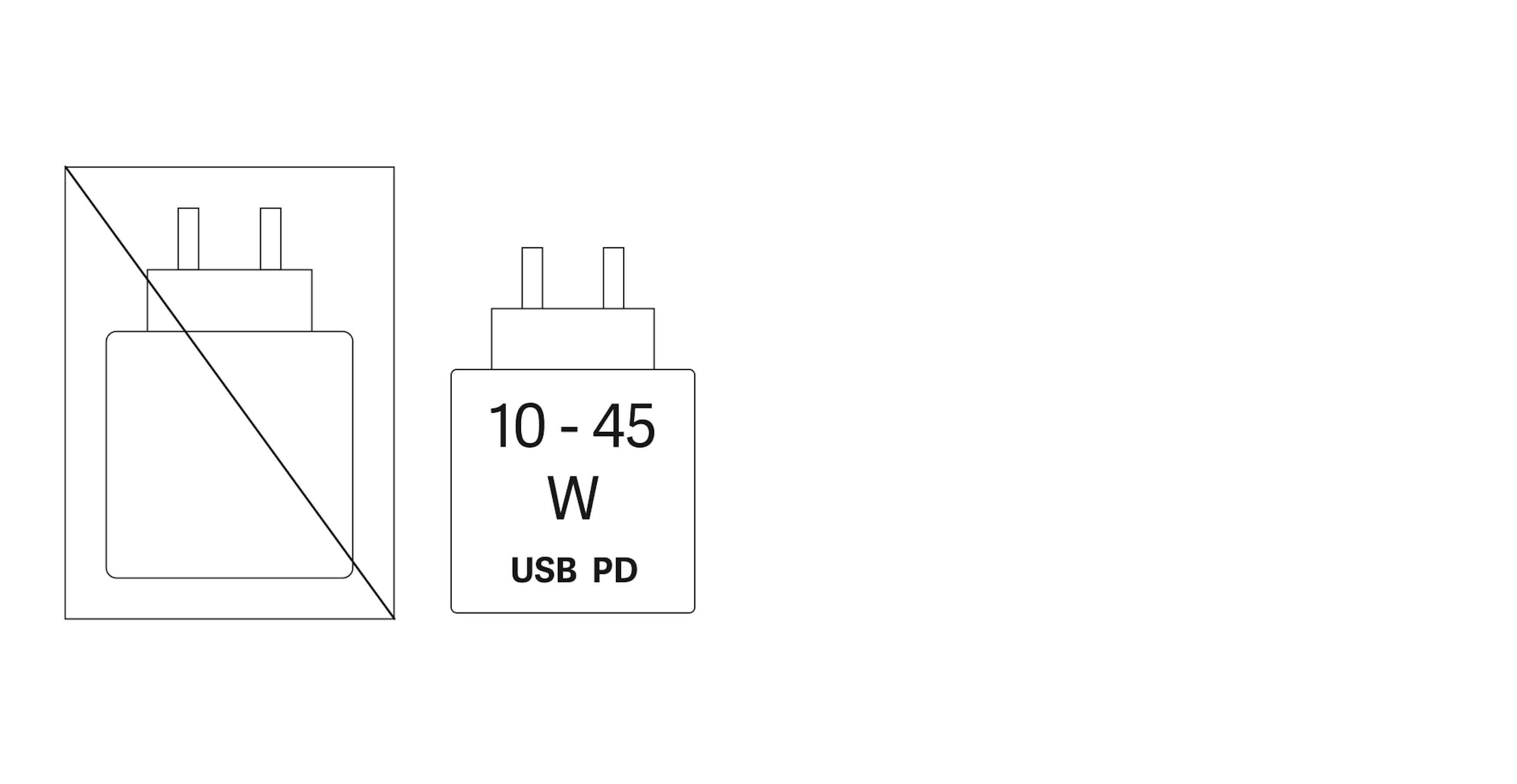Lieferung ohne Netzteil, Gerät wird mit 10 - 45 Watt USB Power Delivery geladen.