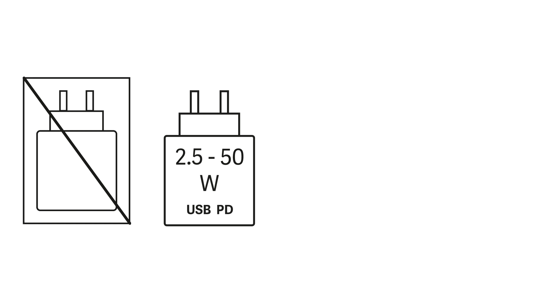 Highlight Bild vom Gerät Lieferung ohne Netzteil, Gerät wird mit 2,5 - 50 Watt USB Power Delivery geladen.