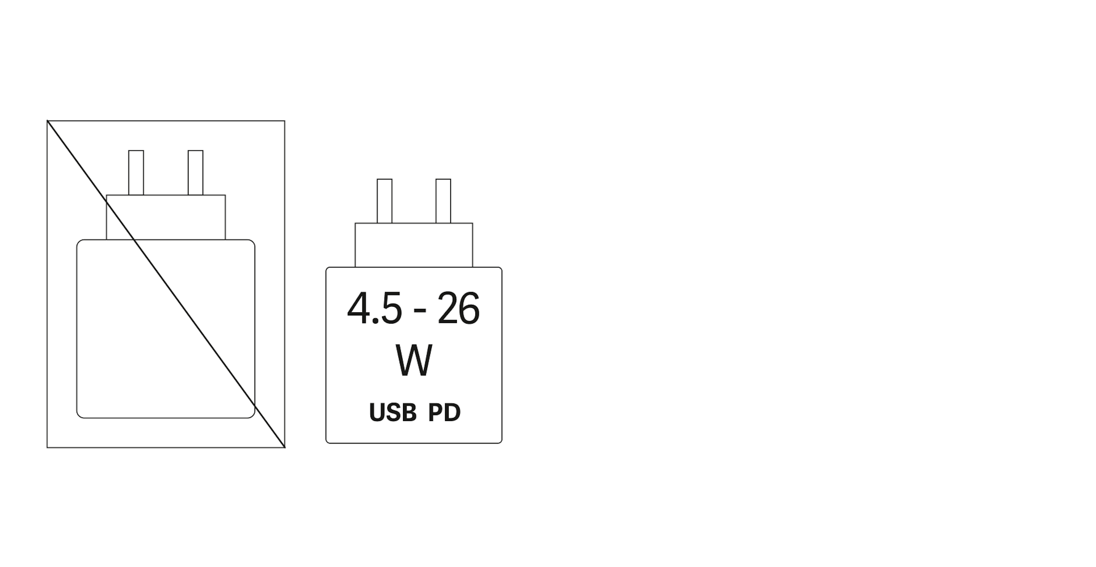 Lieferung ohne Netzteil, Gerät wird mit 4,5 - 26 Watt USB Power Delivery geladen.