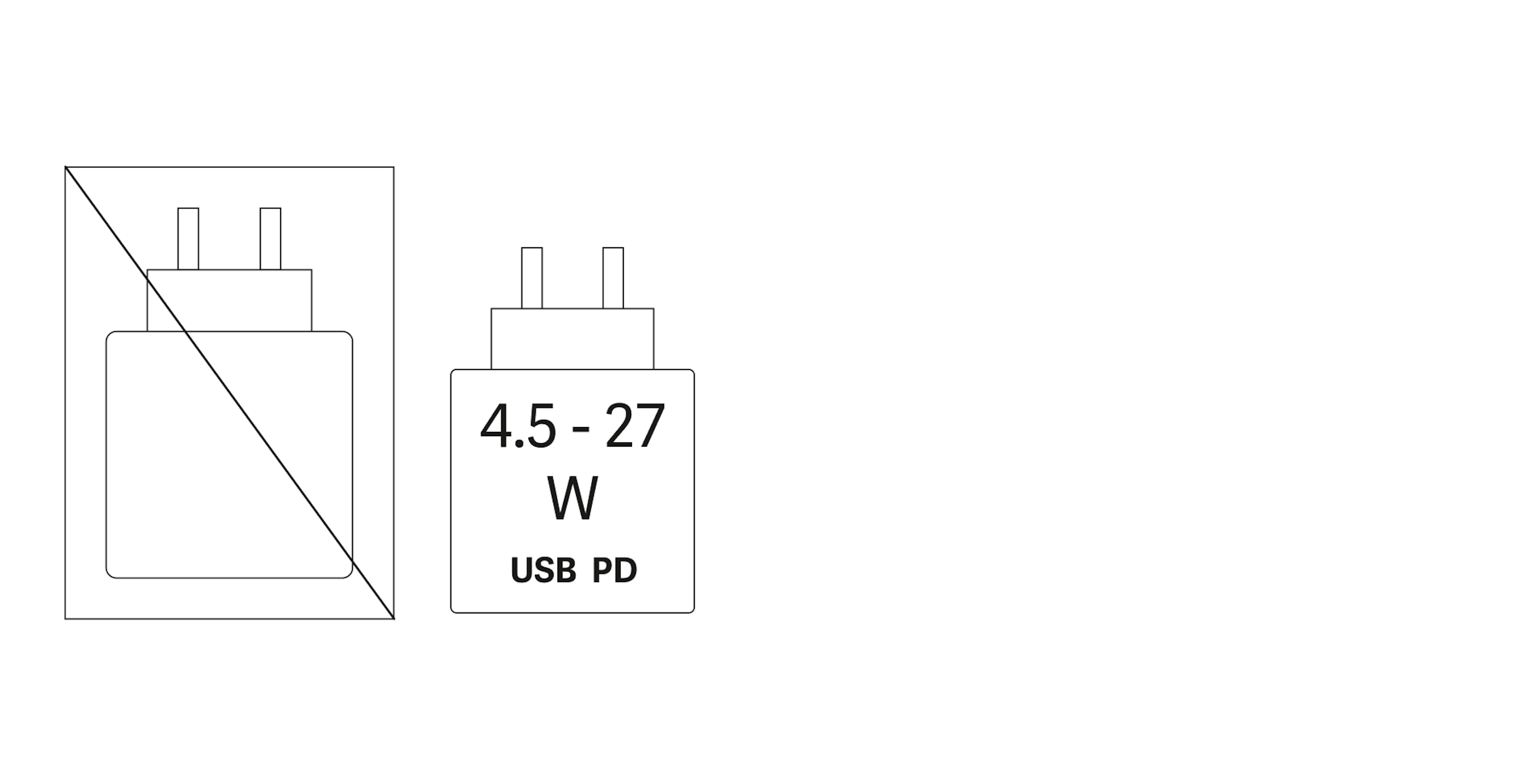 Lieferung ohne Netzteil, Gerät wird mit 4,5 - 27 Watt USB Power Delivery geladen.