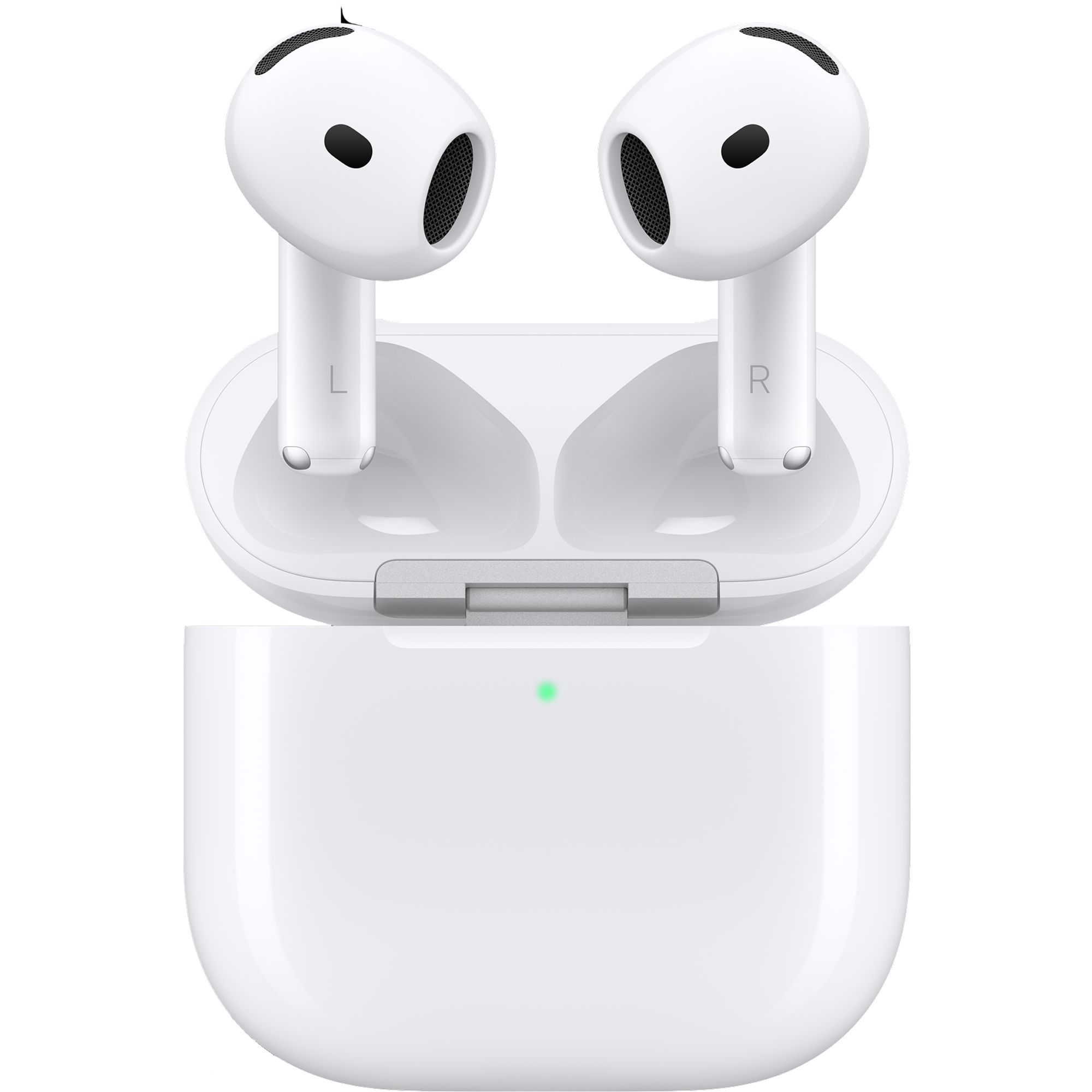 Apple AirPods 5 in Weiß, beide Ohrhörer stehen aufrecht im geöffneten Ladecase mit grüner Statusleuchte.