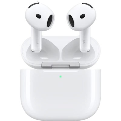 Apple AirPods 5 in Weiß, beide Ohrhörer stehen aufrecht im geöffneten Ladecase mit grüner Statusleuchte.