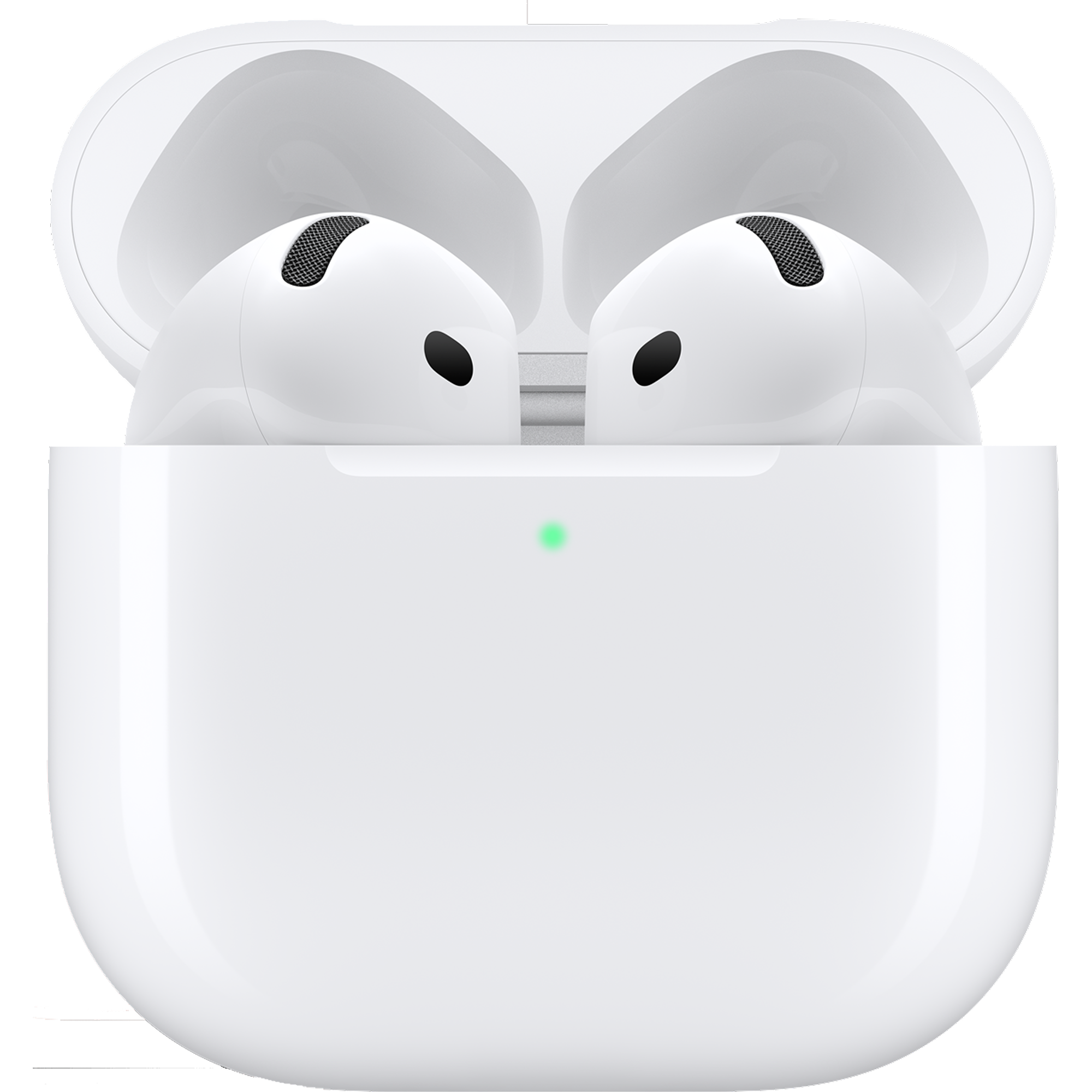 Apple AirPods 5 in Weiß, in einem geöffneten Ladecase mit grüner Statusleuchte.