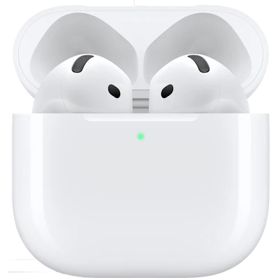 Apple AirPods 5 in Weiß, in einem geöffneten Ladecase mit grüner Statusleuchte.