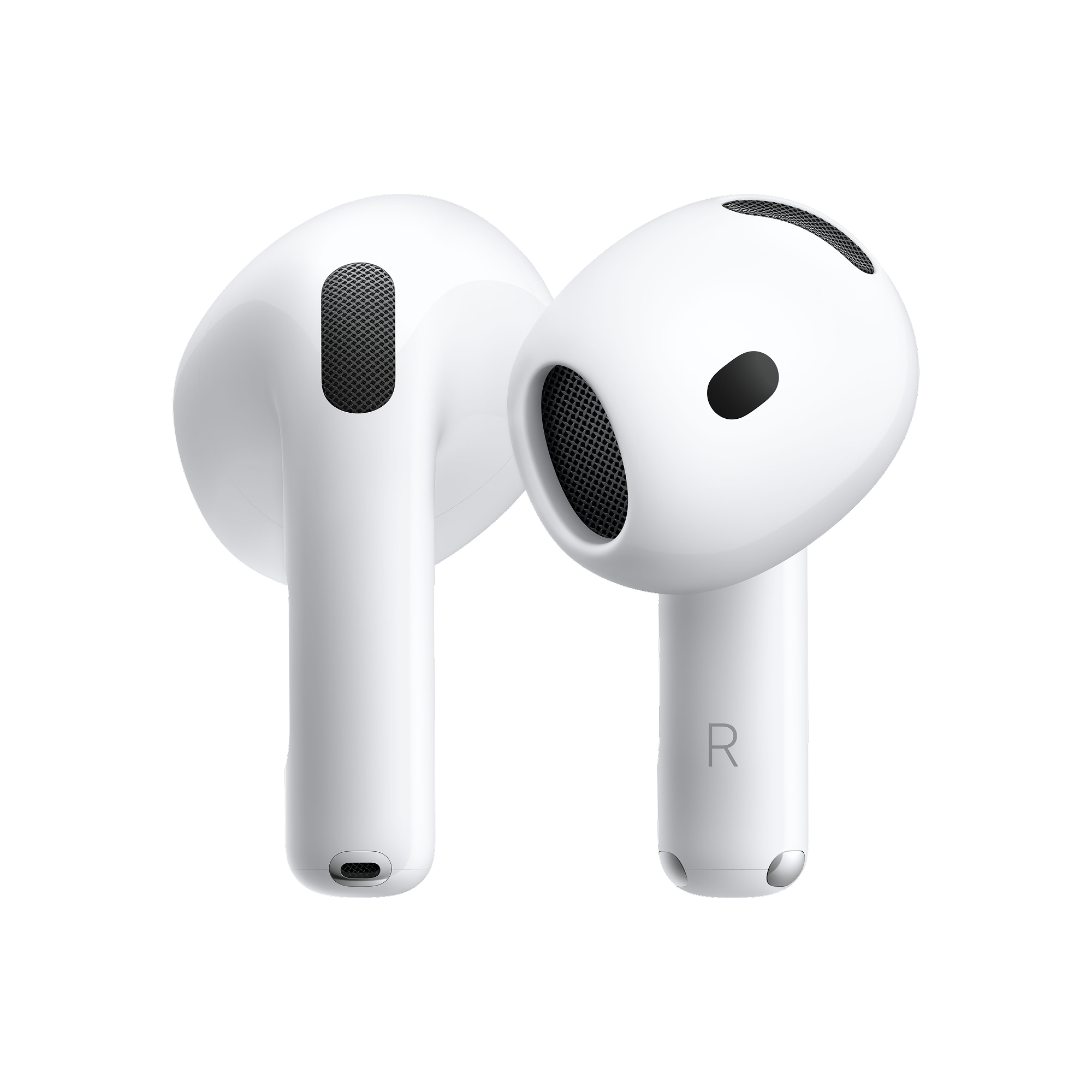 Zwei weiße Apple AirPods 5 in Weiß, nebeneinander in Vorder- und Seitenansicht.