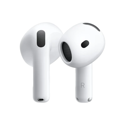 Zwei weiße Apple AirPods 5 in Weiß, nebeneinander in Vorder- und Seitenansicht.