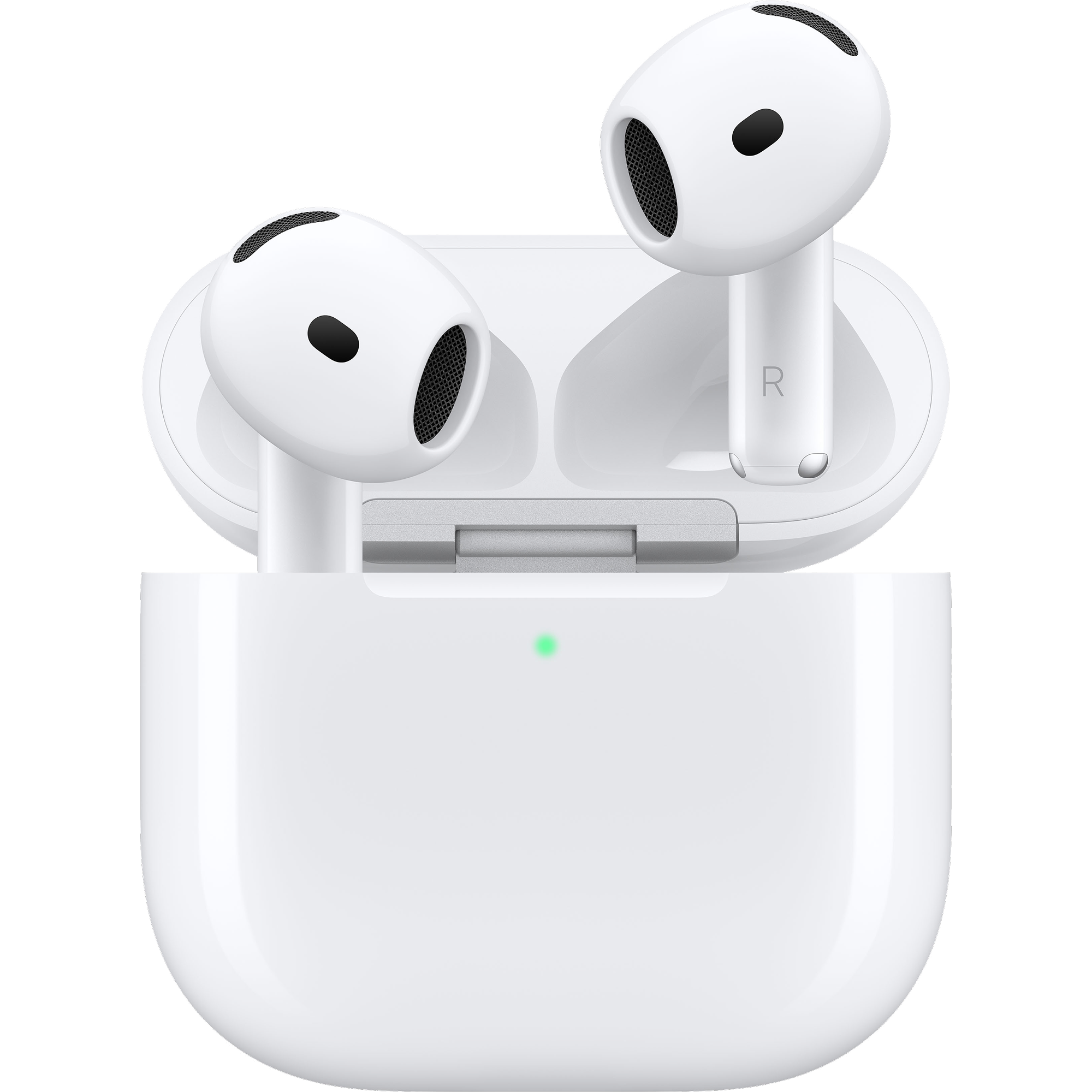 Apple AirPods 5 in Weiß, in einem geöffneten Ladecase mit grüner Statusleuchte.