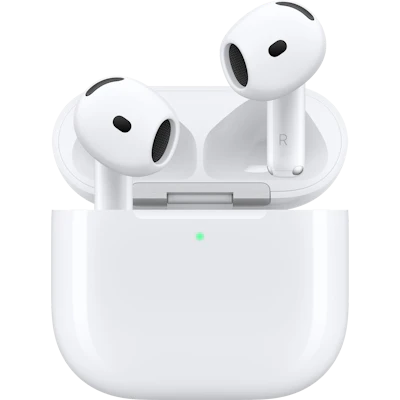 Apple AirPods 5 in Weiß, in einem geöffneten Ladecase mit grüner Statusleuchte.