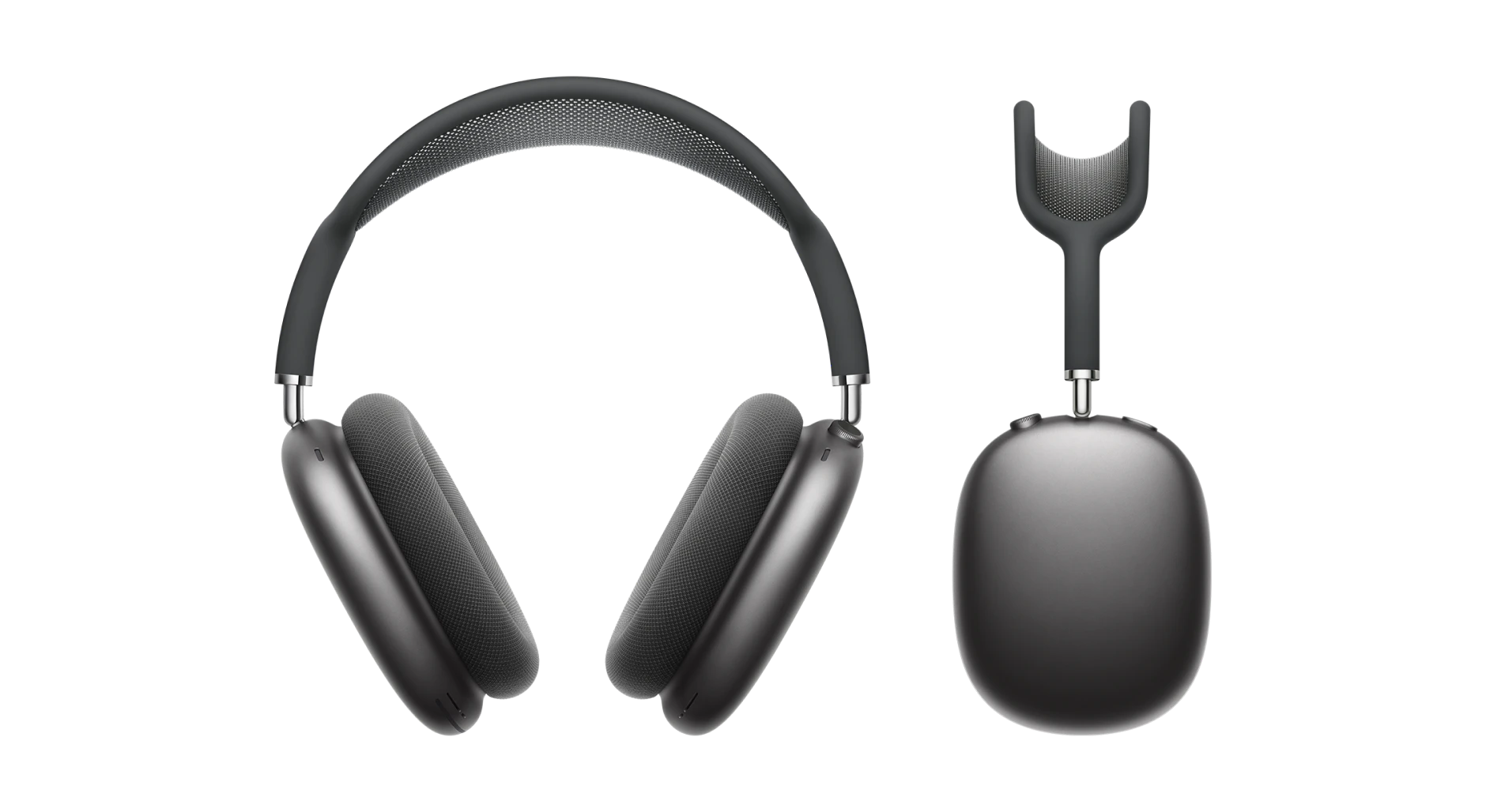 Apple Airpods Max in Schwarz. Frontale und seitliche Ansicht.