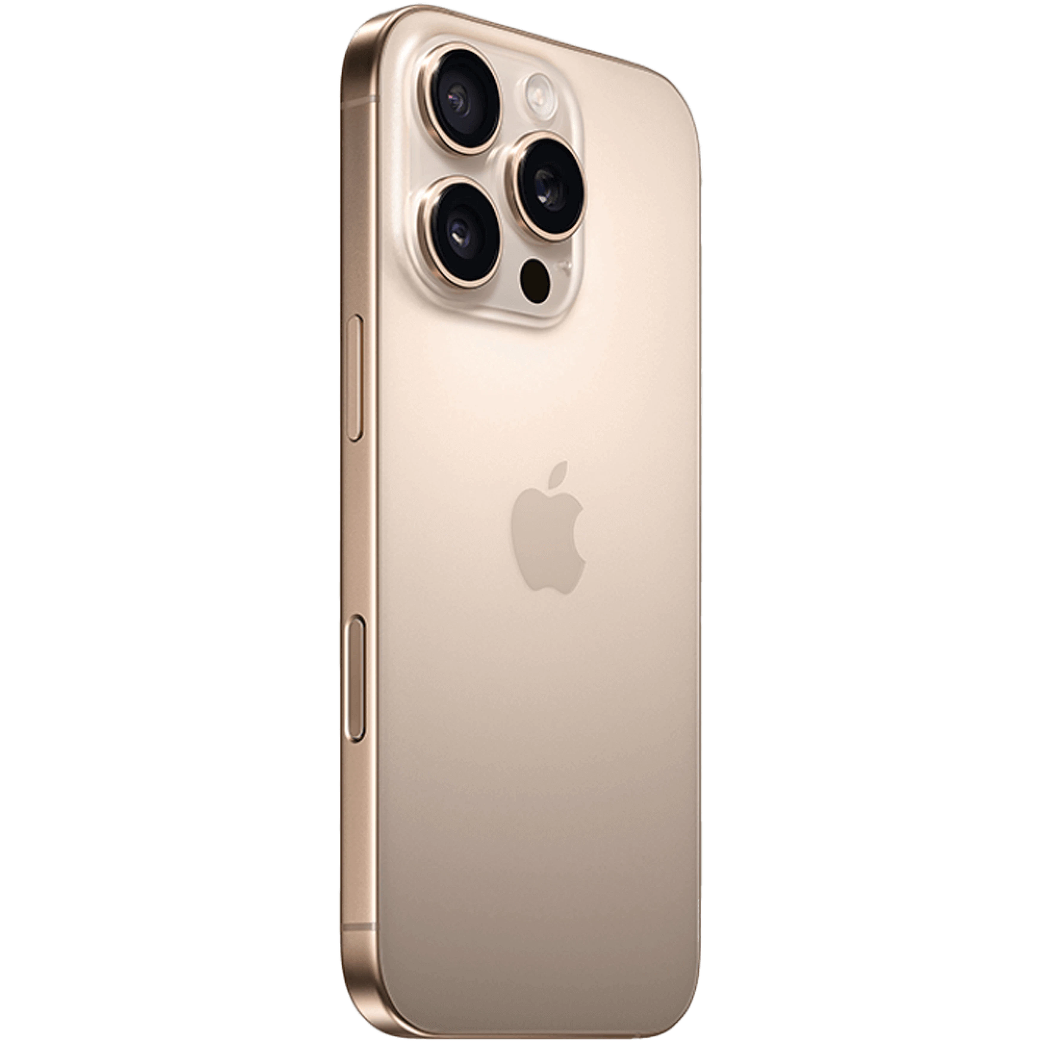 Schräge Rückansicht Apple iPhone 16 Pro Titan Wüstensand.