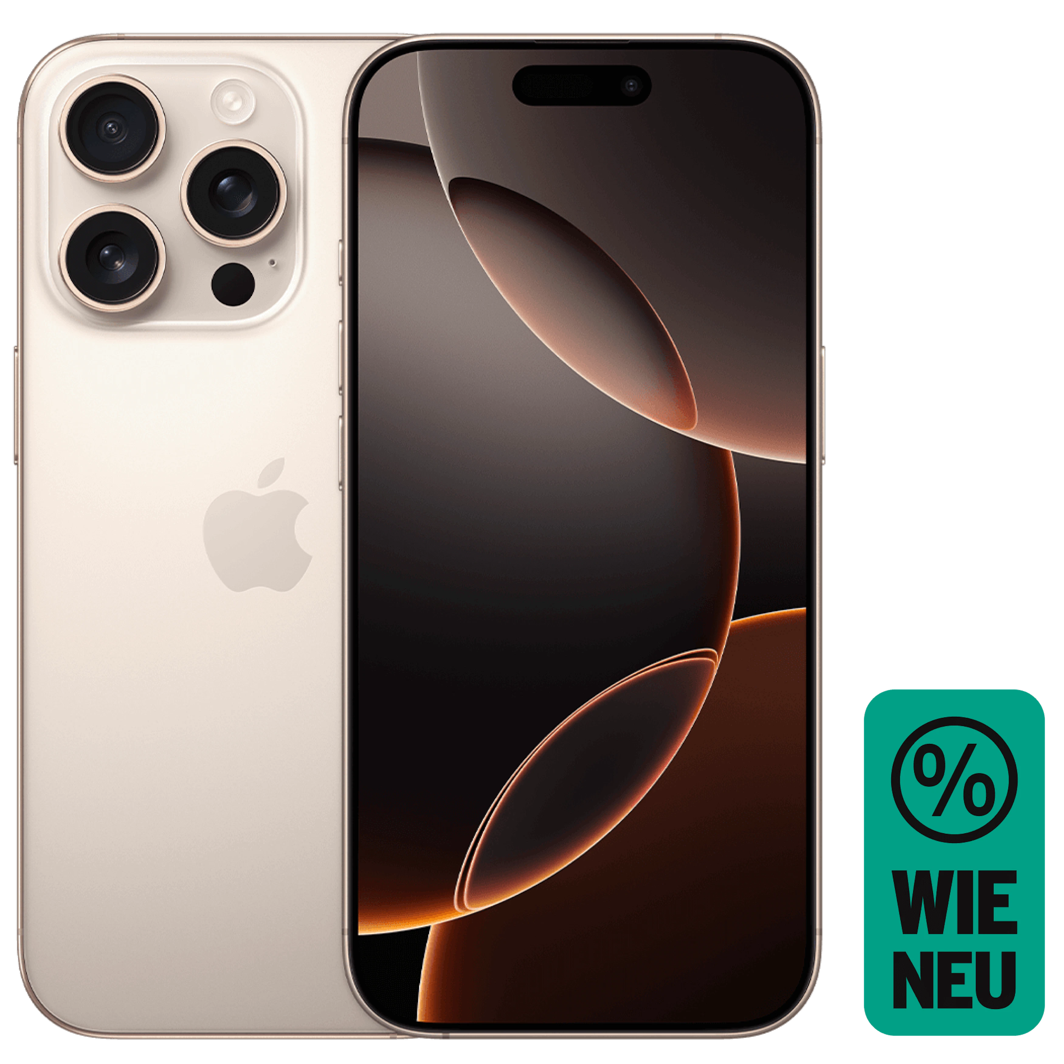 Vorder- und Rückansicht Apple iPhone 16 Pro Titan Wüstensand. Wie neu.