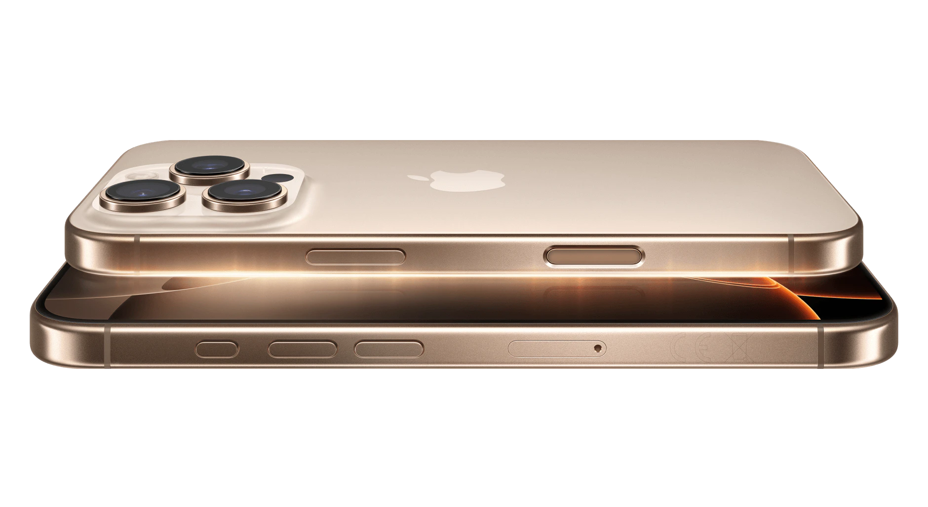 Seitliche Ansicht Apple iPhone 16 Pro Titan Wüstensand.