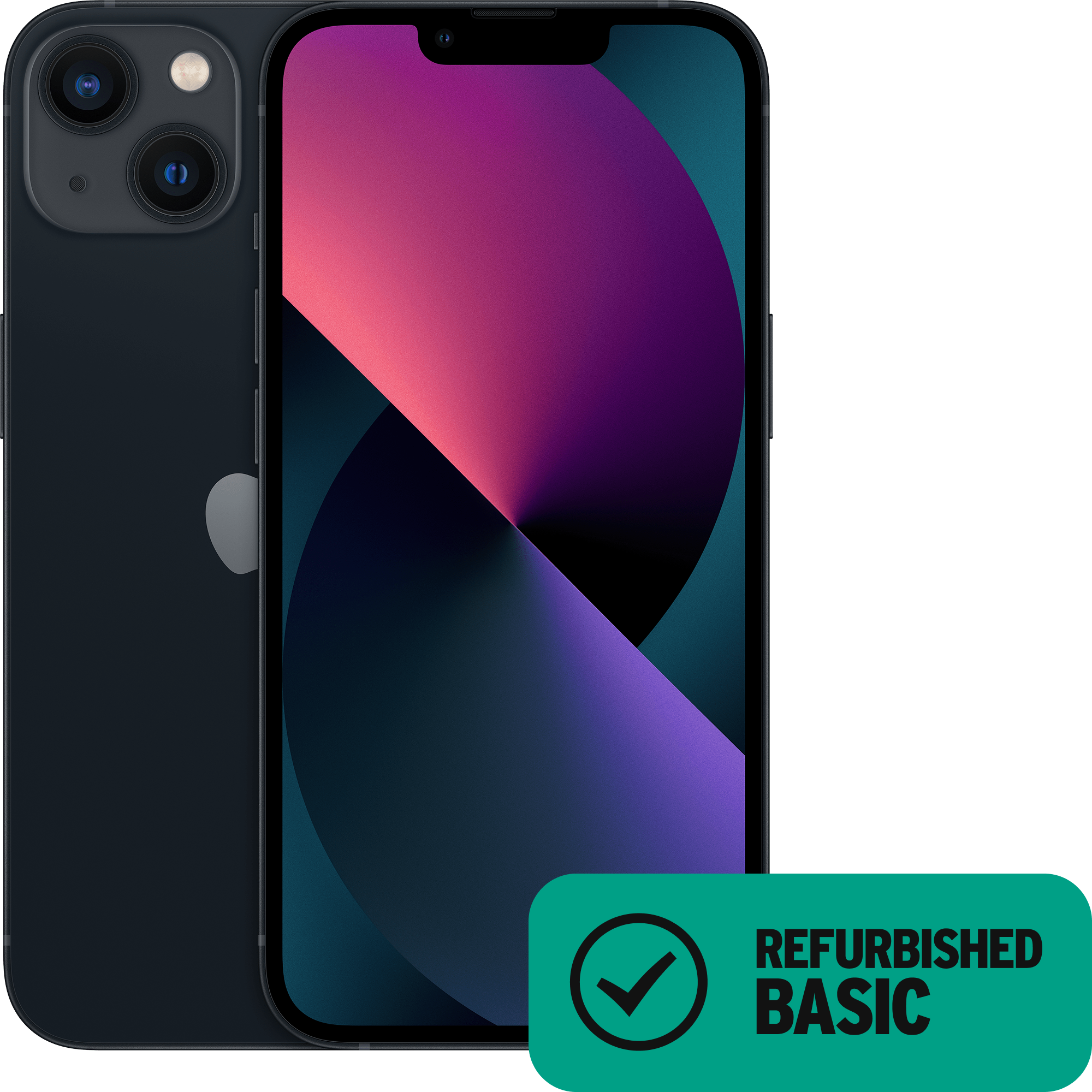 Vorder- und Rückansicht Apple iPhone 13 Schwarz. Refurbished Basic.