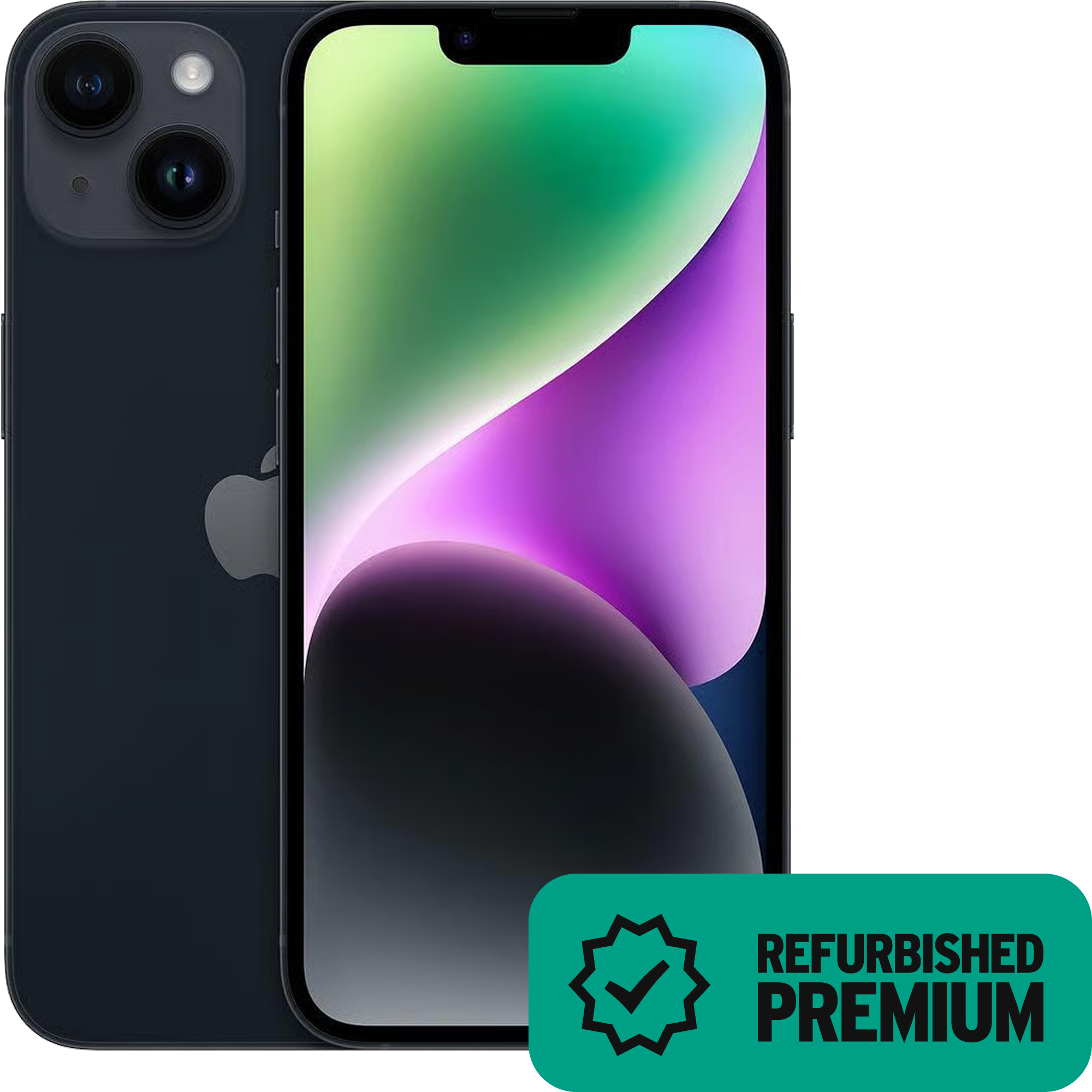 Apple iPhone 14 in Mitternacht, Vorder- und Rückansicht, dazu Badge „Refurbished Premium".