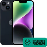 Apple iPhone 14 in Mitternacht, Vorder- und Rückansicht, dazu Badge „Refurbished Premium".