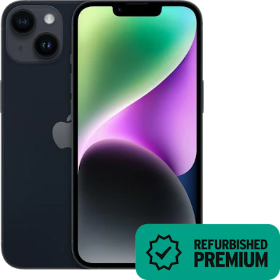 Apple iPhone 14 in Mitternacht, Vorder- und Rückansicht, dazu Badge „Refurbished Premium".
