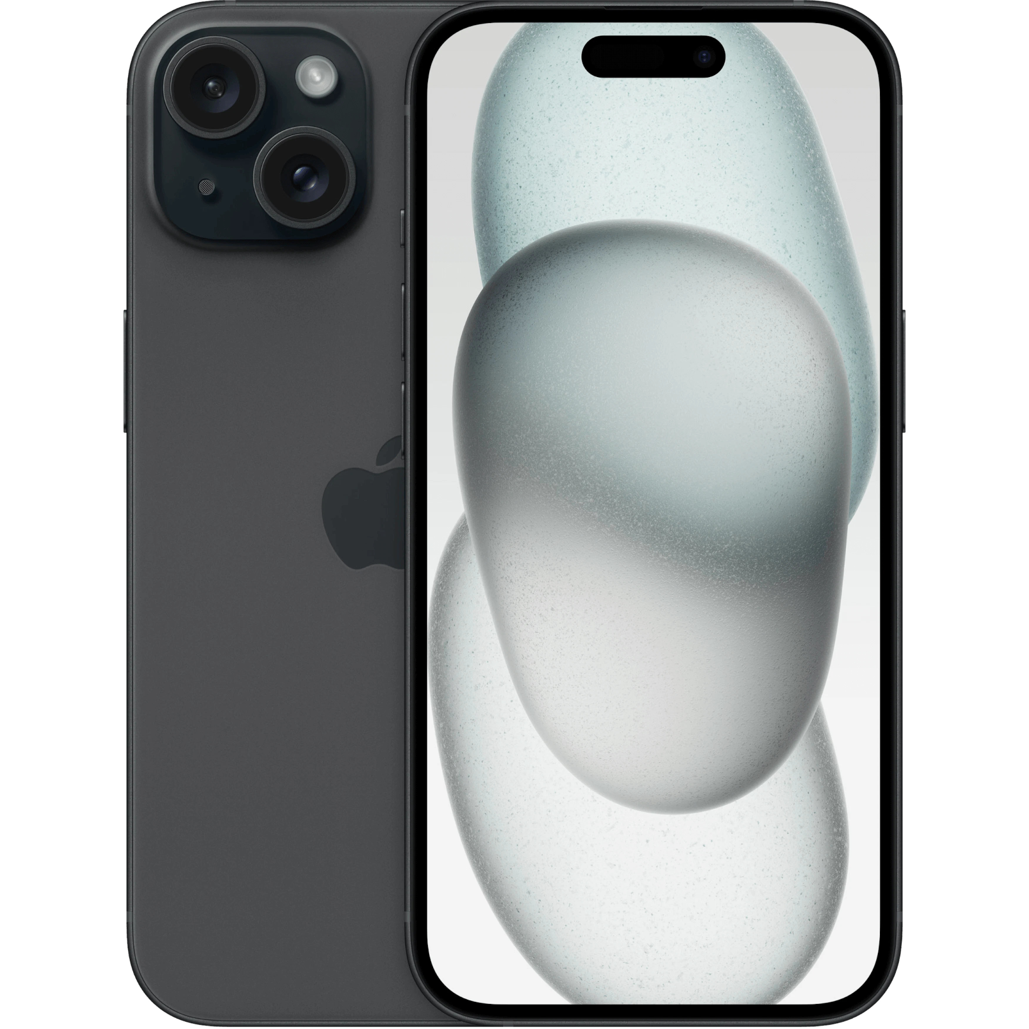 Vorder- und Rückansicht Apple iPhone 15 Schwarz. Vorder- und Rückansicht Apple iPhone 15 Schwarz.