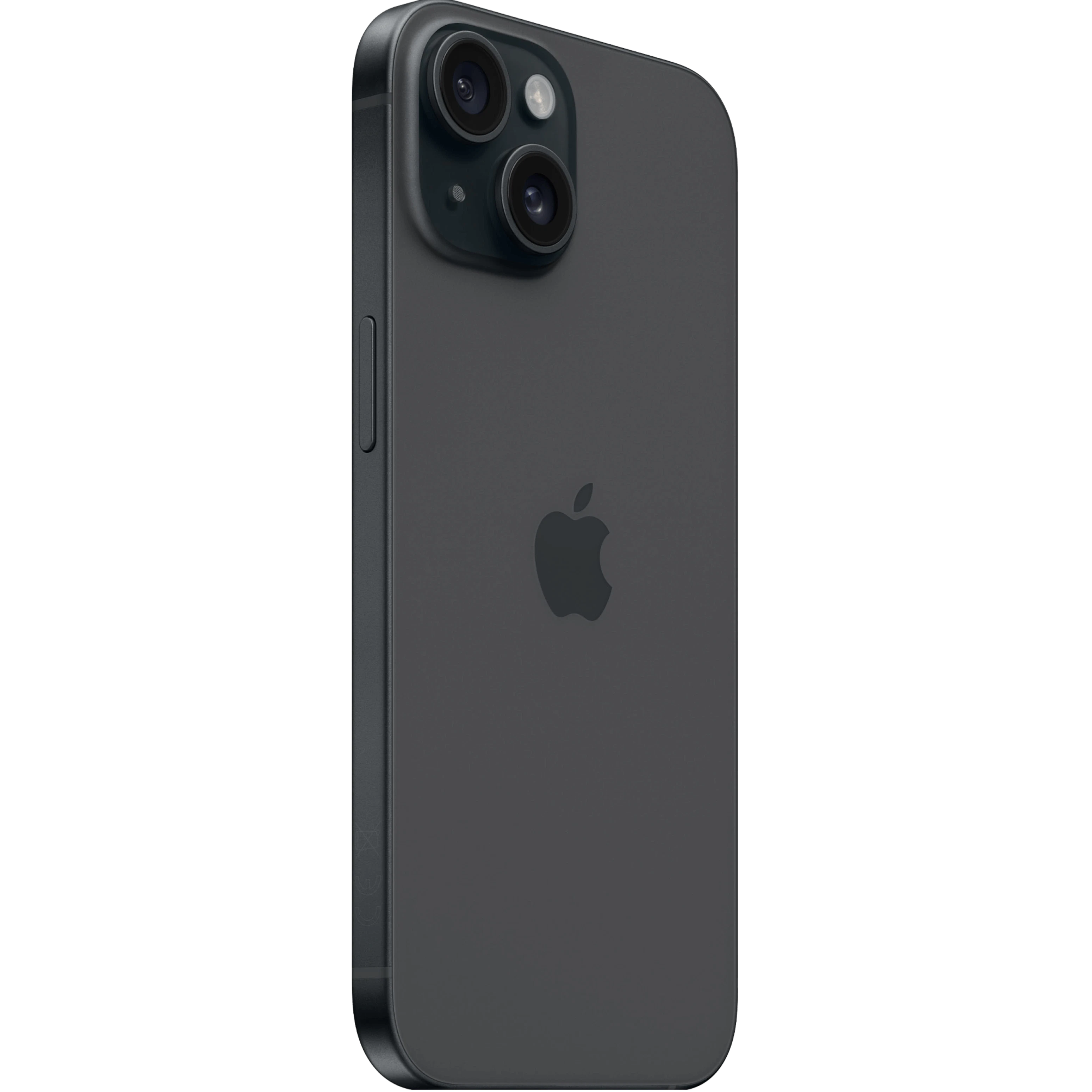 Schräge Rückansicht Apple iPhone 15 Schwarz.