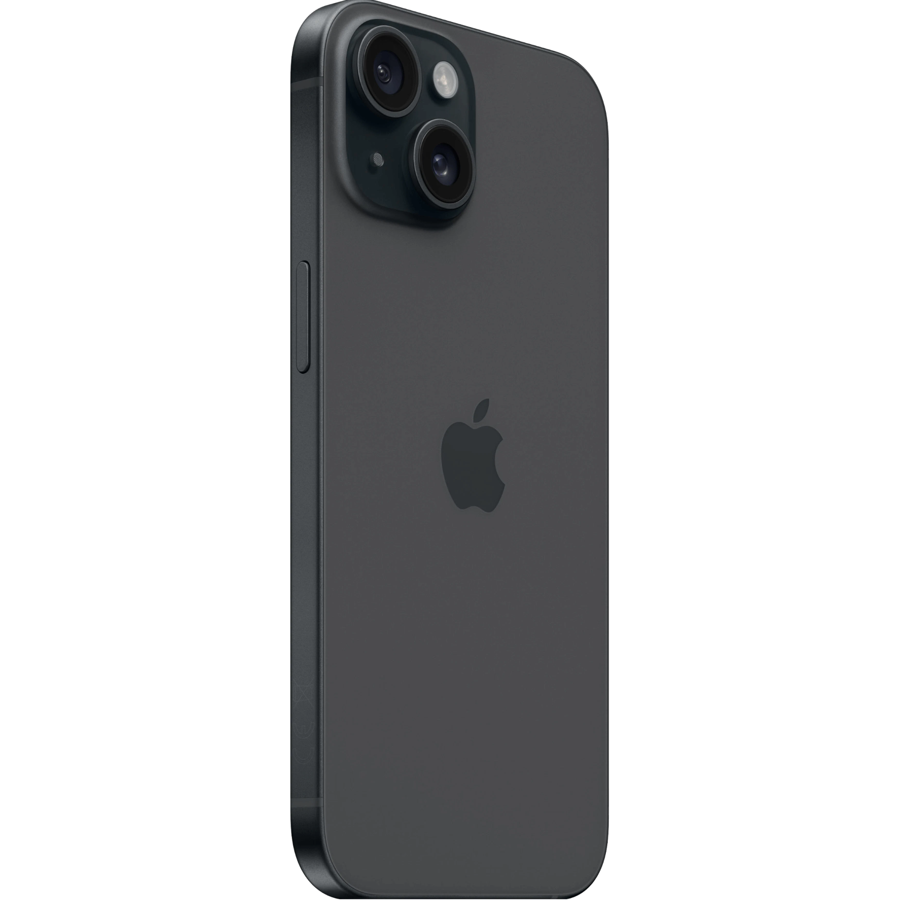 Schräge Rückansicht Apple iPhone 15 Schwarz.