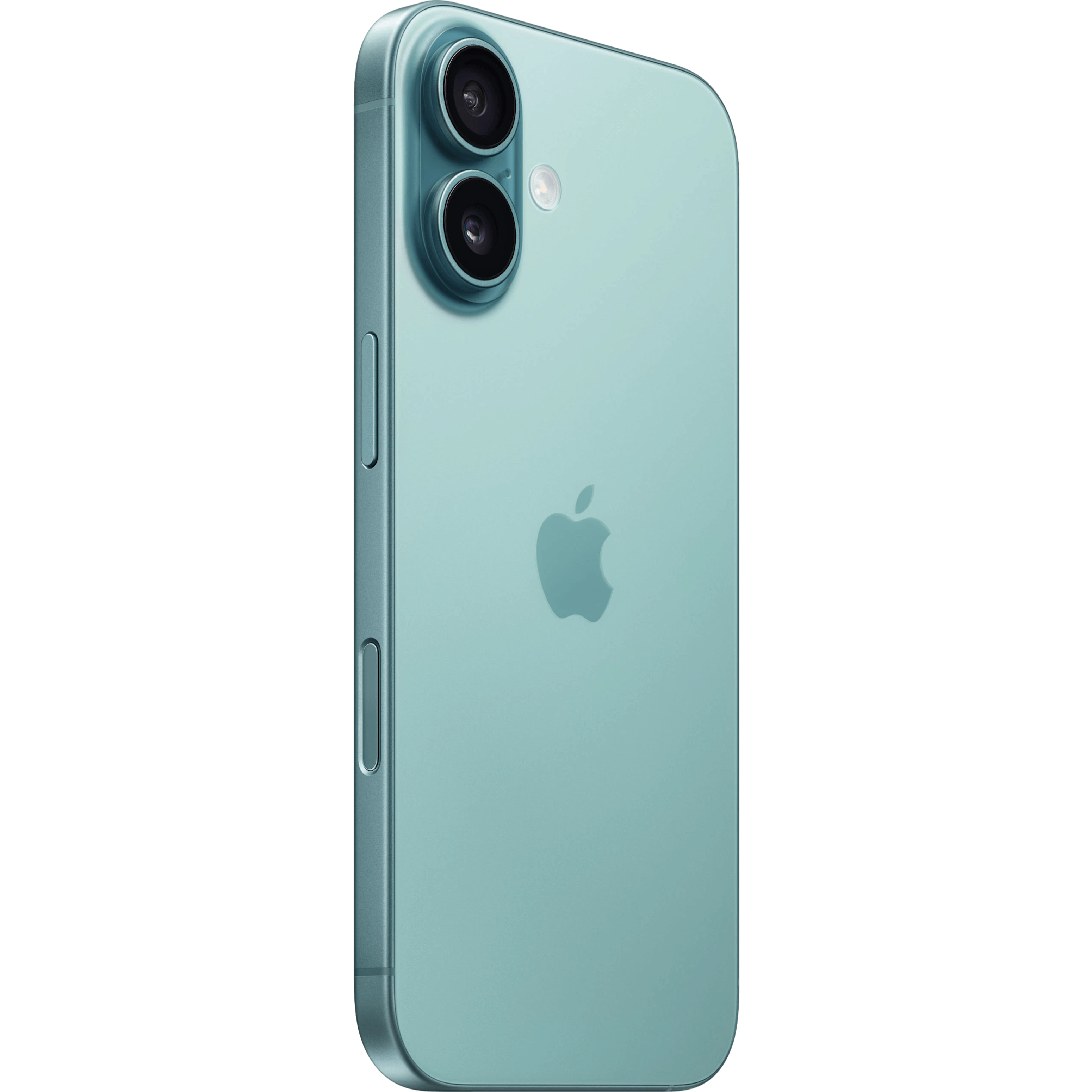 Schräge Rückansicht Apple iPhone 16 Blaugrün. Schräge Rückansicht Apple iPhone 16 Blaugrün.