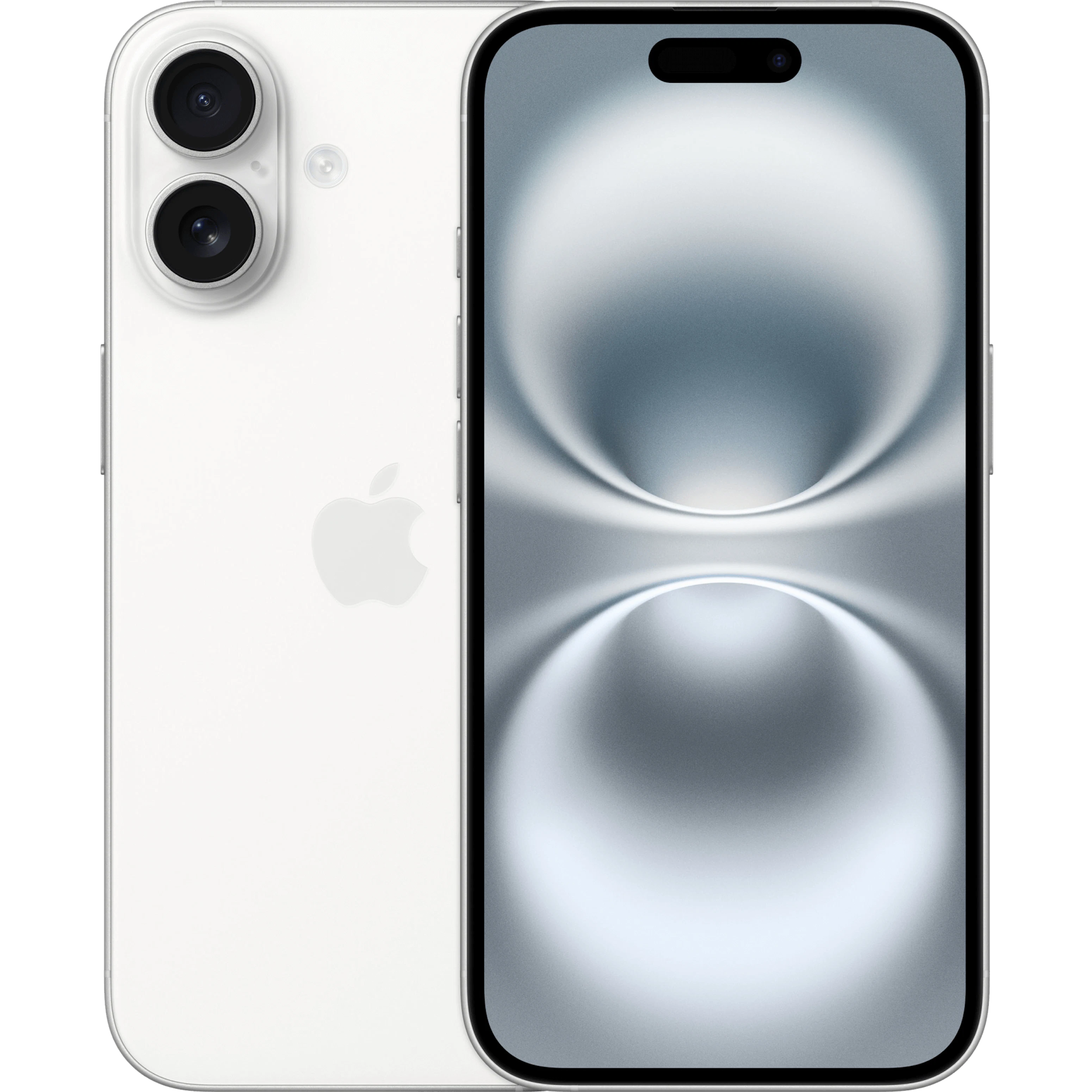 Vorder- und Rückansicht Apple iPhone 16 Weiß.