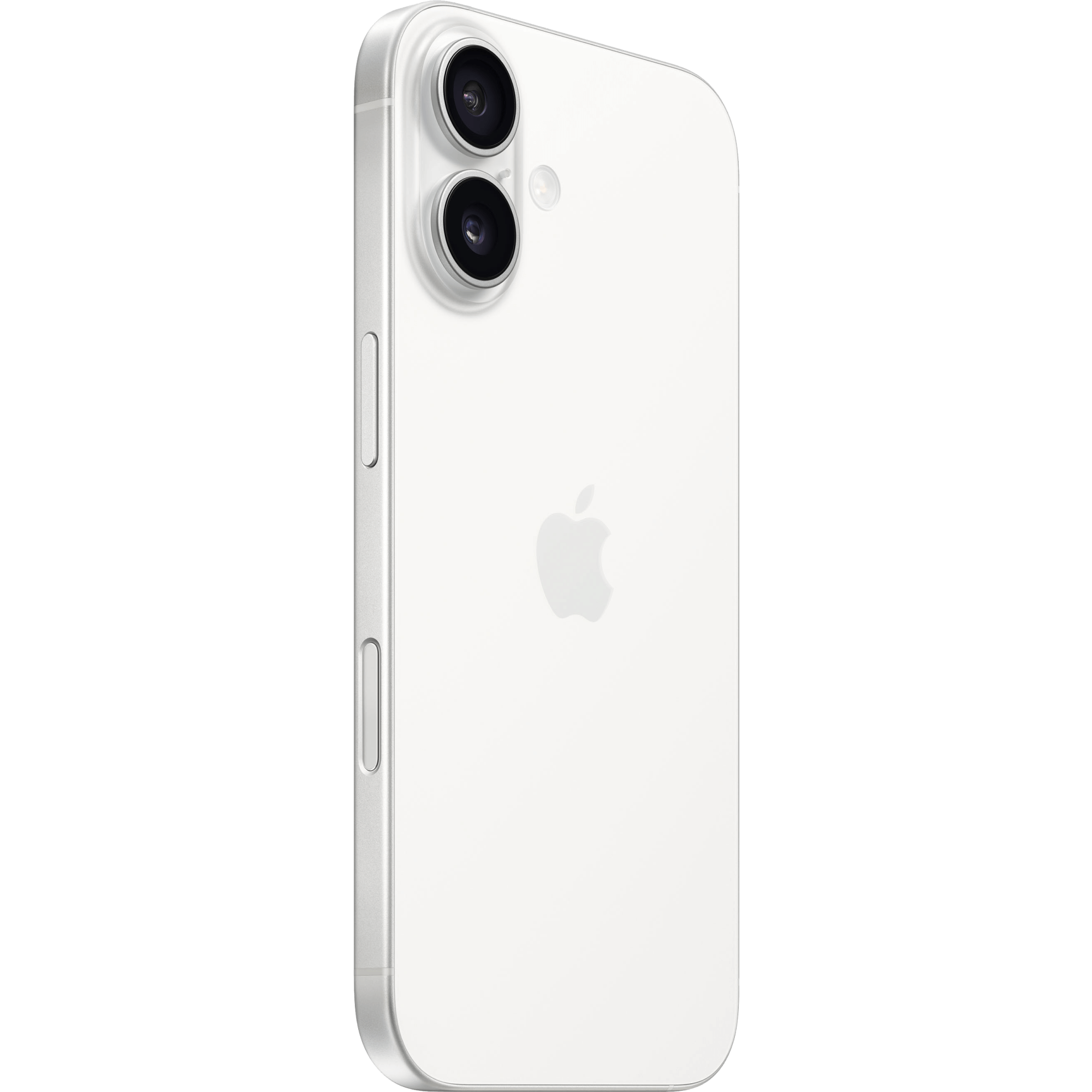 Schräge Rückansicht Apple iPhone 16 Weiß.