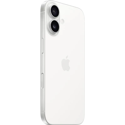 Schräge Rückansicht Apple iPhone 16 Weiß. Schräge Rückansicht Apple iPhone 16 Weiß.