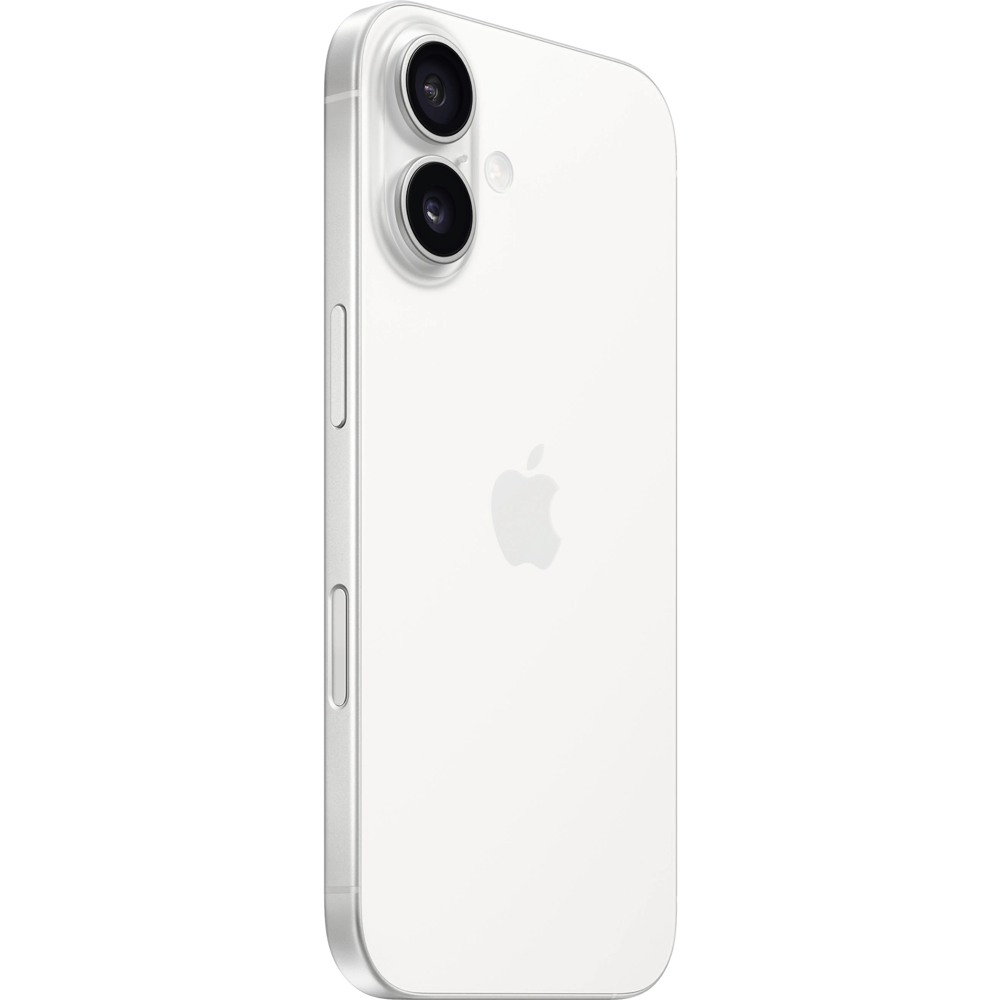 Schräge Rückansicht Apple iPhone 16 Weiß.