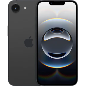 Vorder- und Rückansicht Apple iPhone 16e Schwarz. Vorder- und Rückansicht Apple iPhone 16e Schwarz.