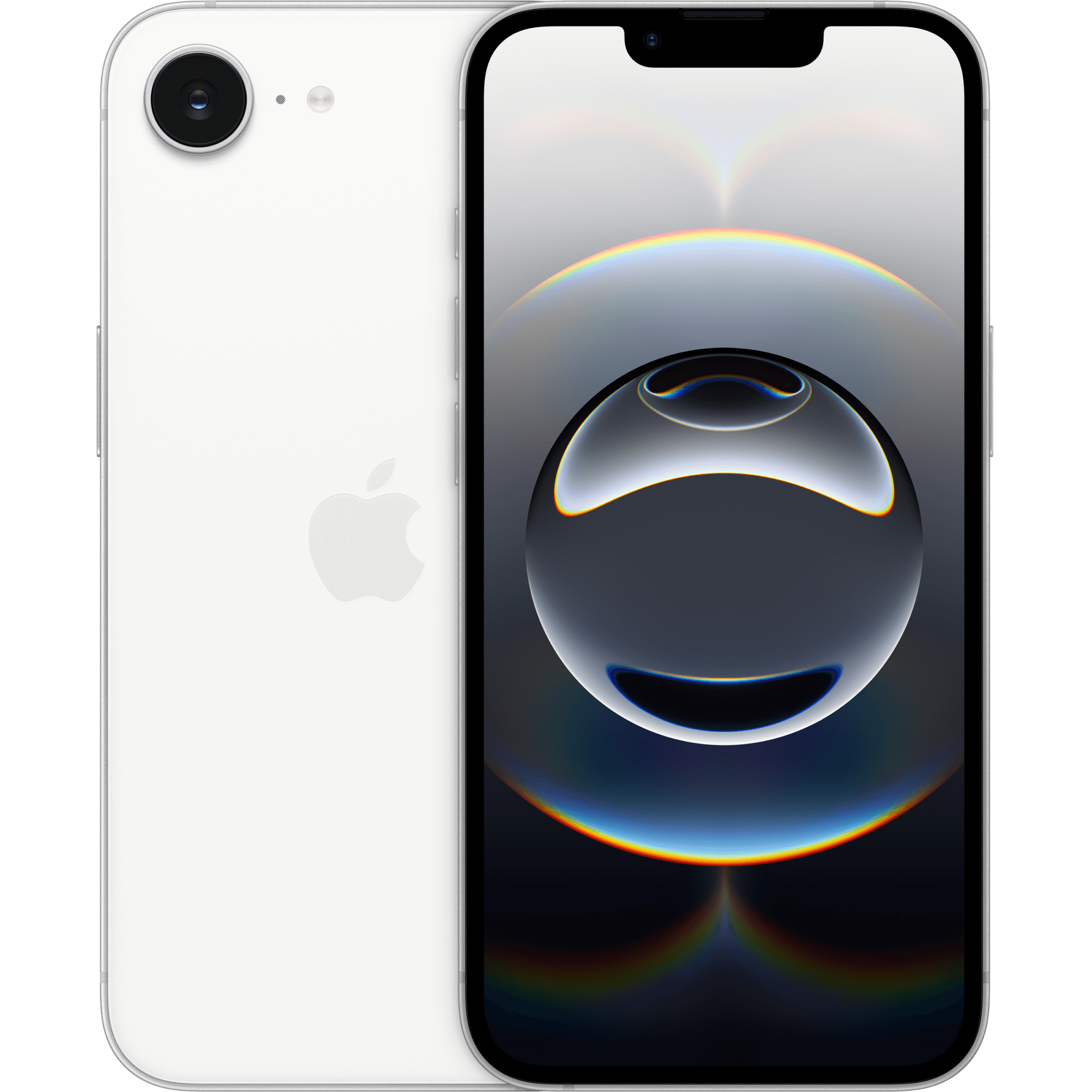 Vorder- und Rückansicht Apple iPhone 16e Weiß.