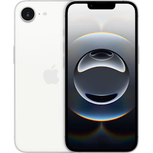 Vorder- und Rückansicht Apple iPhone 16e Weiß. Vorder- und Rückansicht Apple iPhone 16e Weiß.