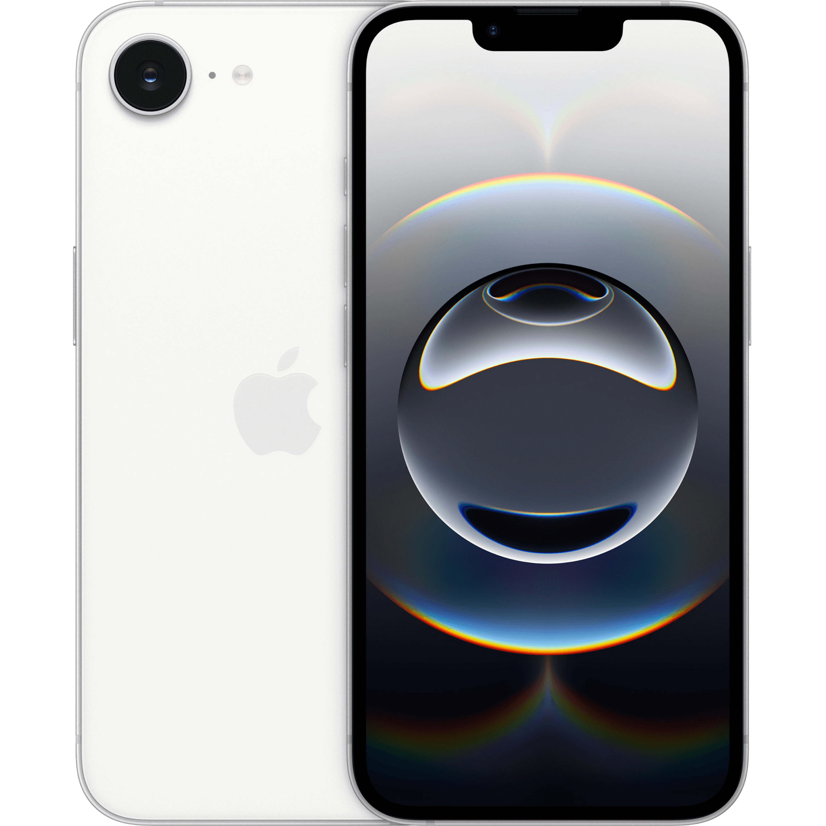 Vorder- und Rückansicht Apple iPhone 16e Weiß. Vorder- und Rückansicht Apple iPhone 16e Weiß.