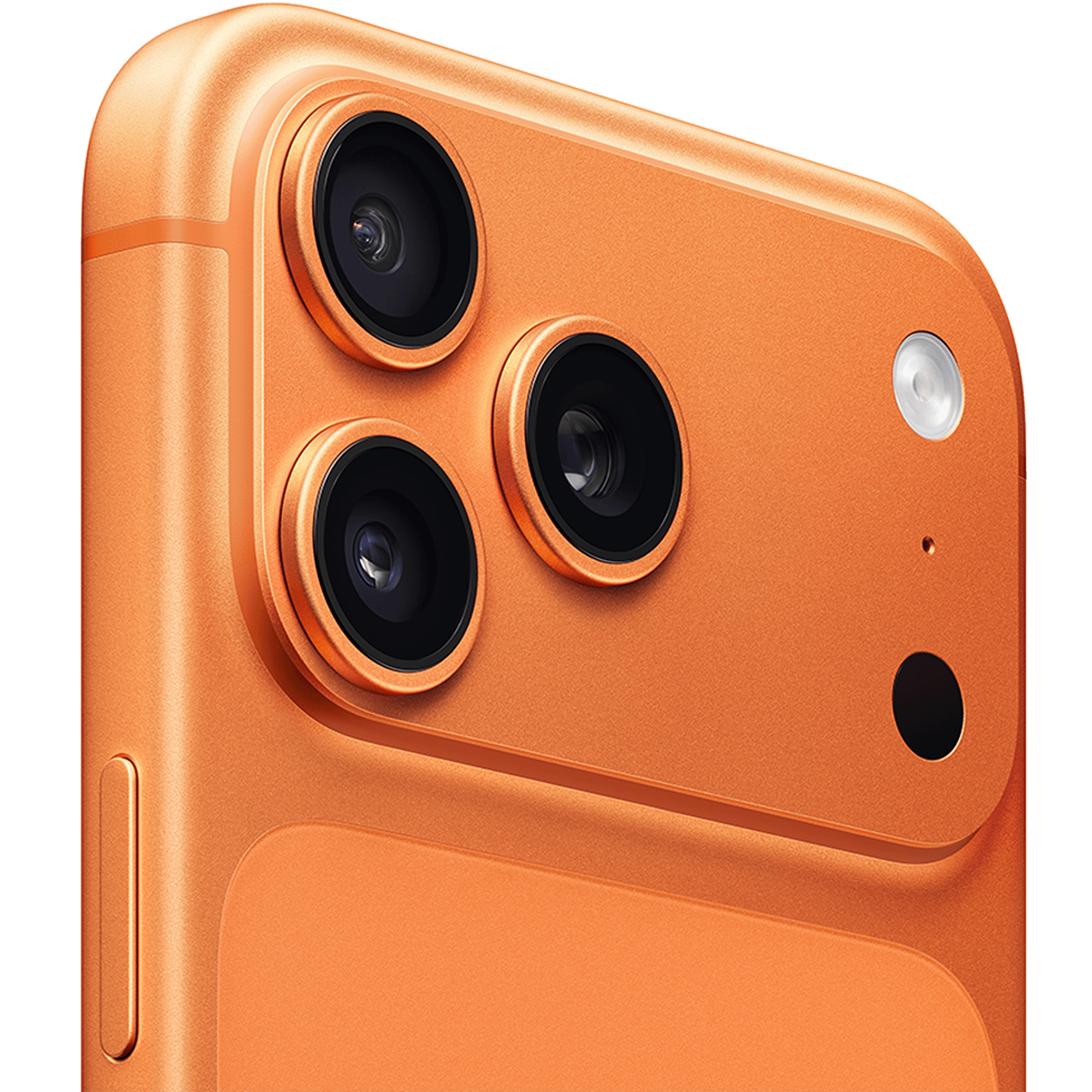 Angeschrägte Rückansicht Apple iPhone 17 Pro Max Cosmic Orange.
