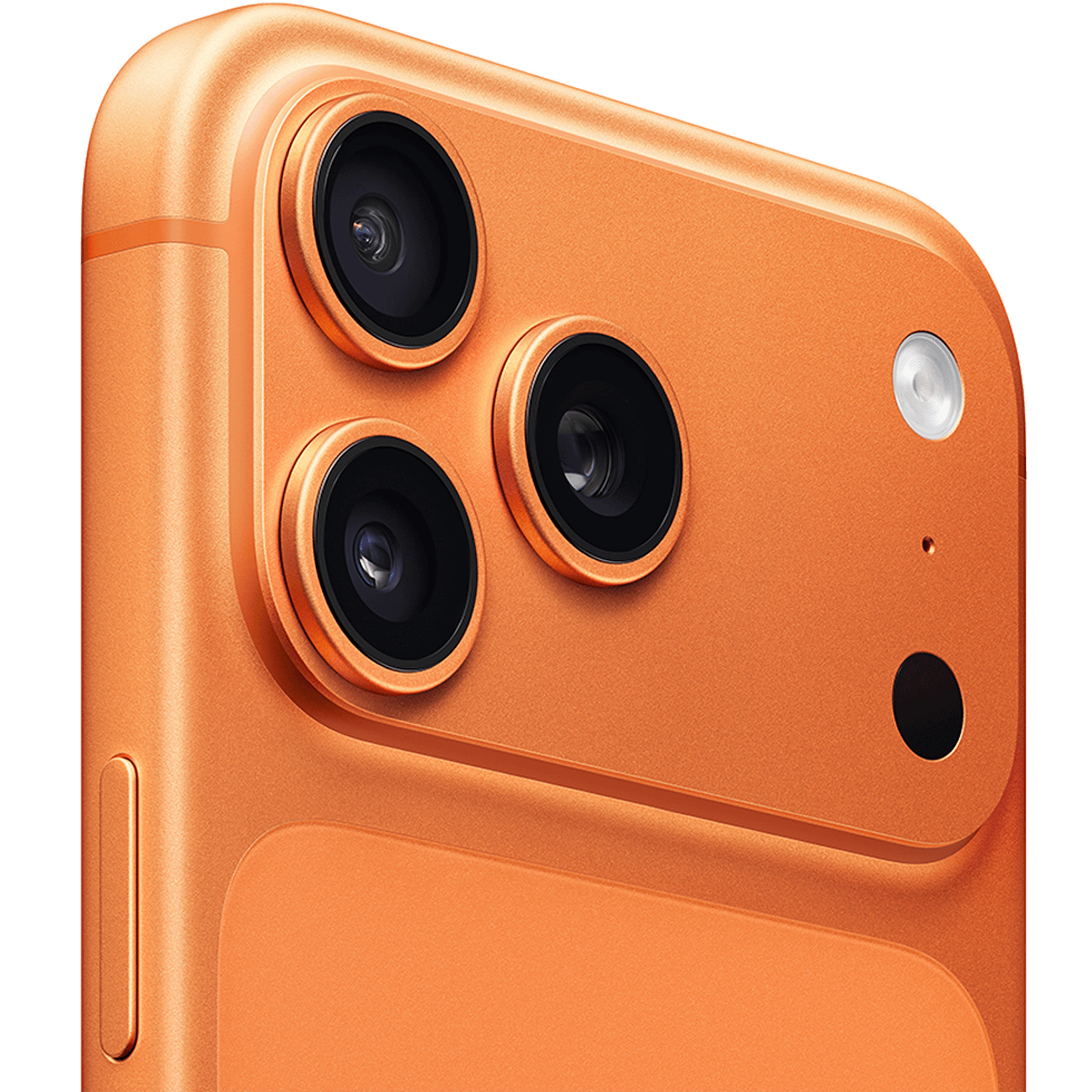 Angeschrägte Rückansicht Apple iPhone 17 Pro Max Cosmic Orange.