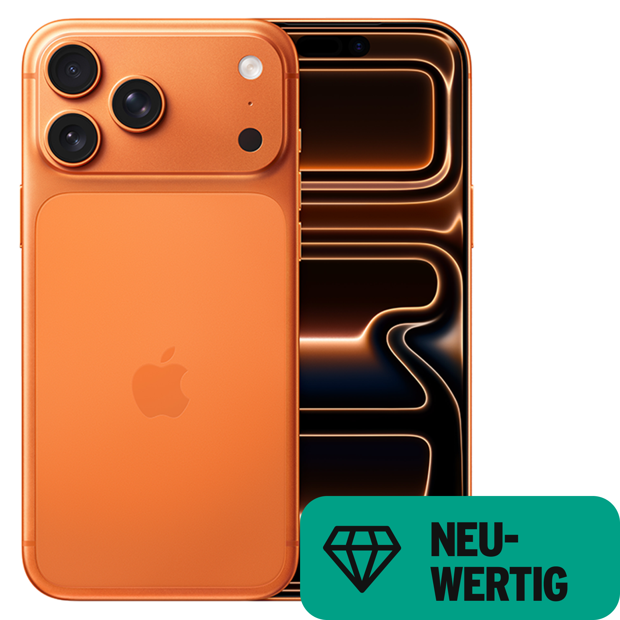 Vorder- und Rückansicht Apple iPhone 17 Pro Max Cosmic Orange. Neuwertig.