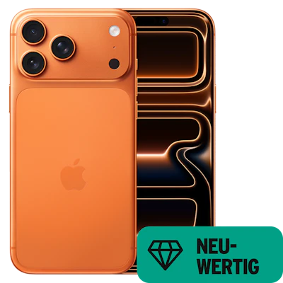 Vorder- und Rückansicht Apple iPhone 17 Pro Max Cosmic Orange. Neuwertig.