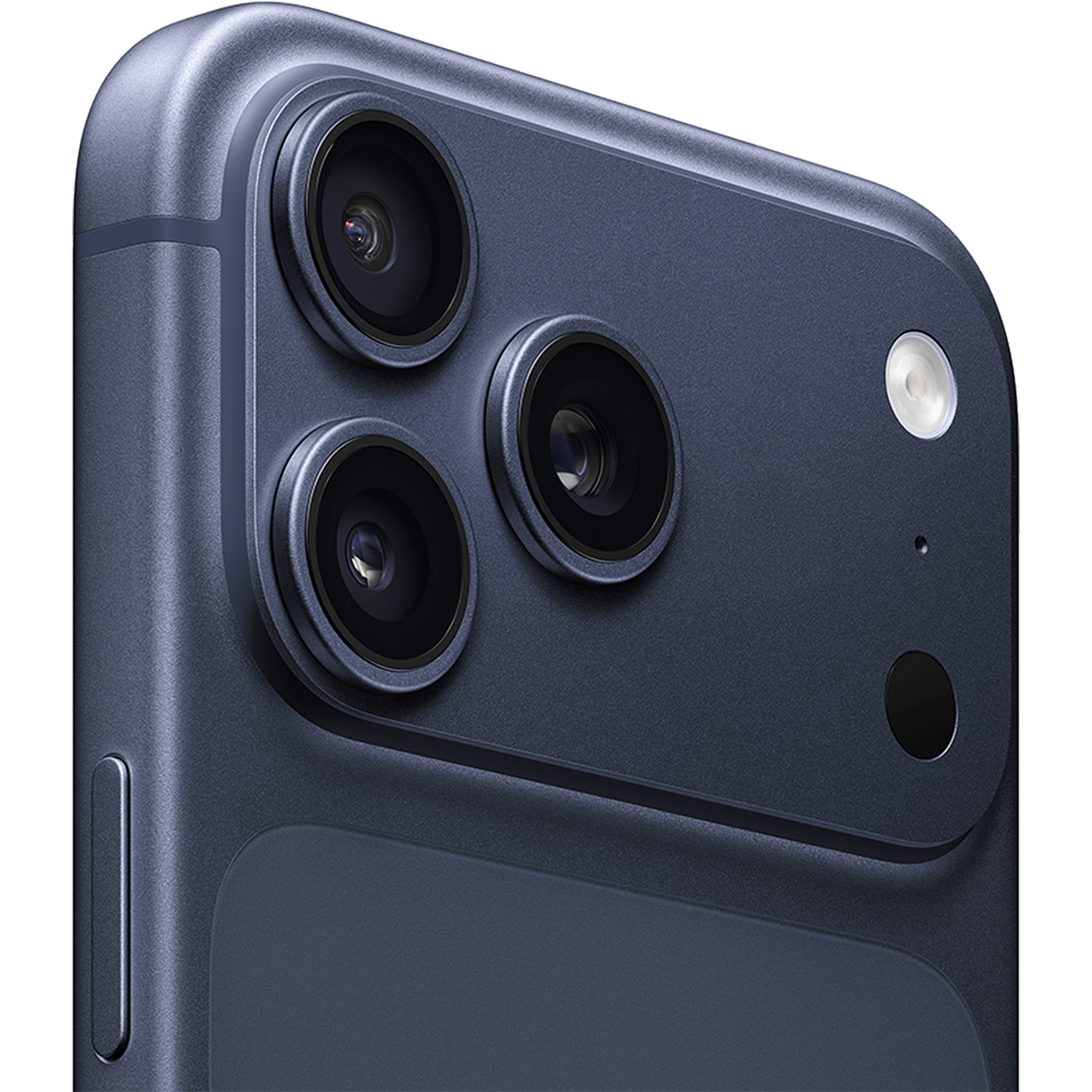 Angeschrägte Rückansicht Apple iPhone 17 Pro Max Deep Blue.