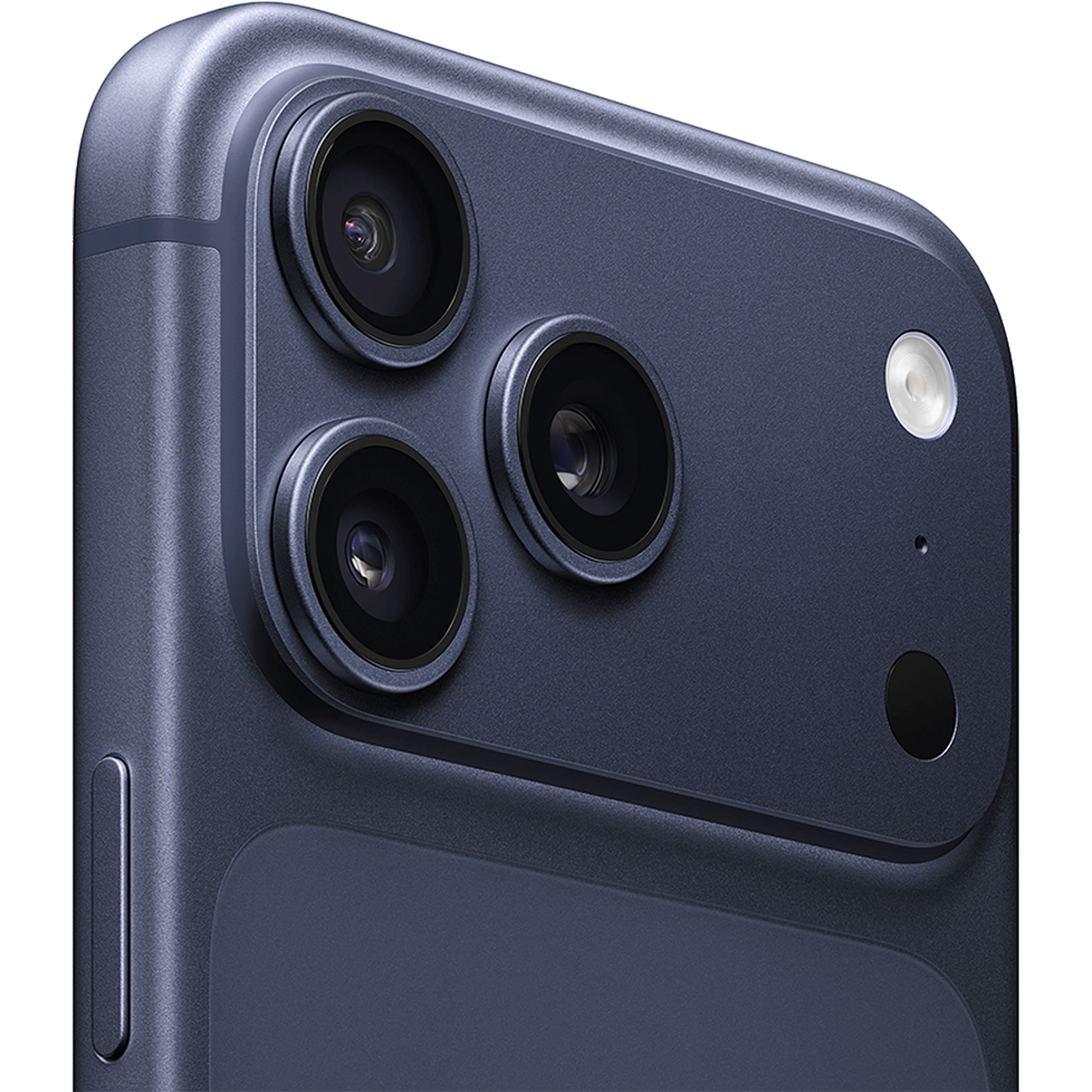 Angeschrägte Rückansicht Apple iPhone 17 Pro Max Deep Blue.