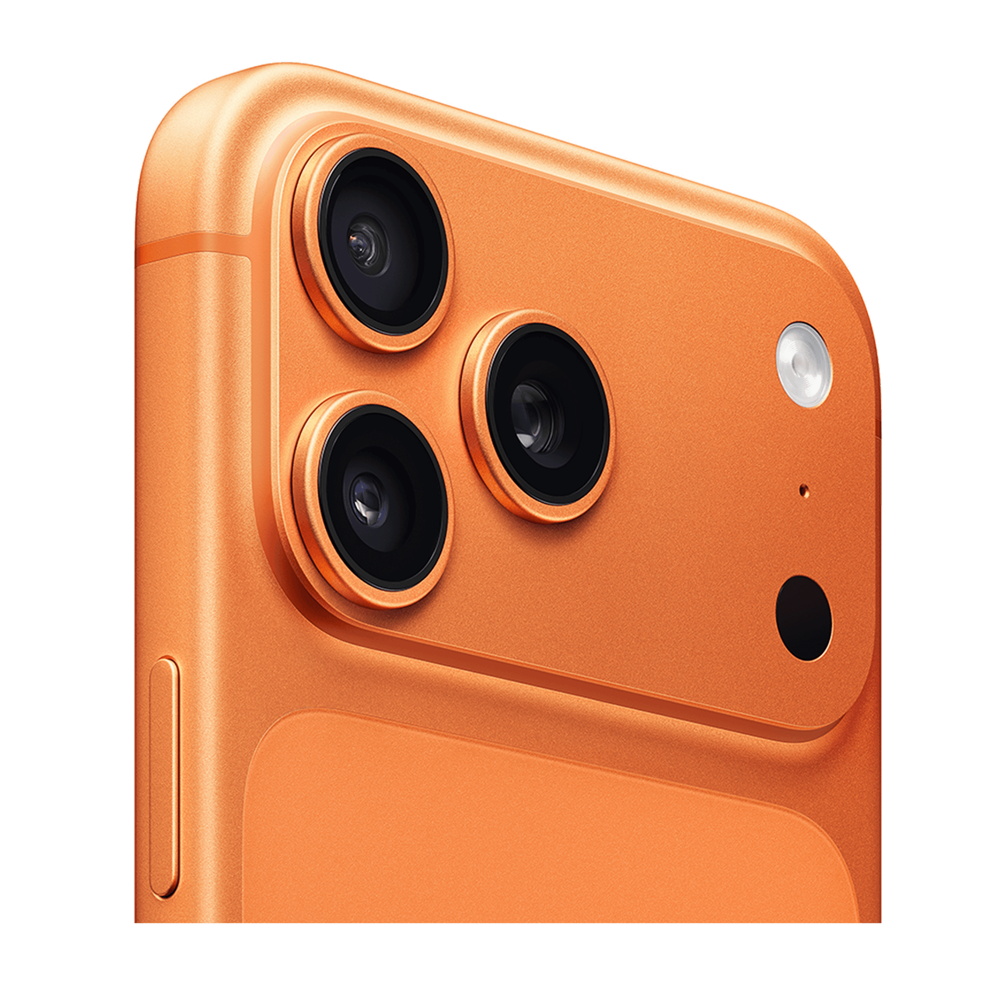 Angeschrägte Rückansicht Apple iPhone 17 Pro Max Cosmic Orange.