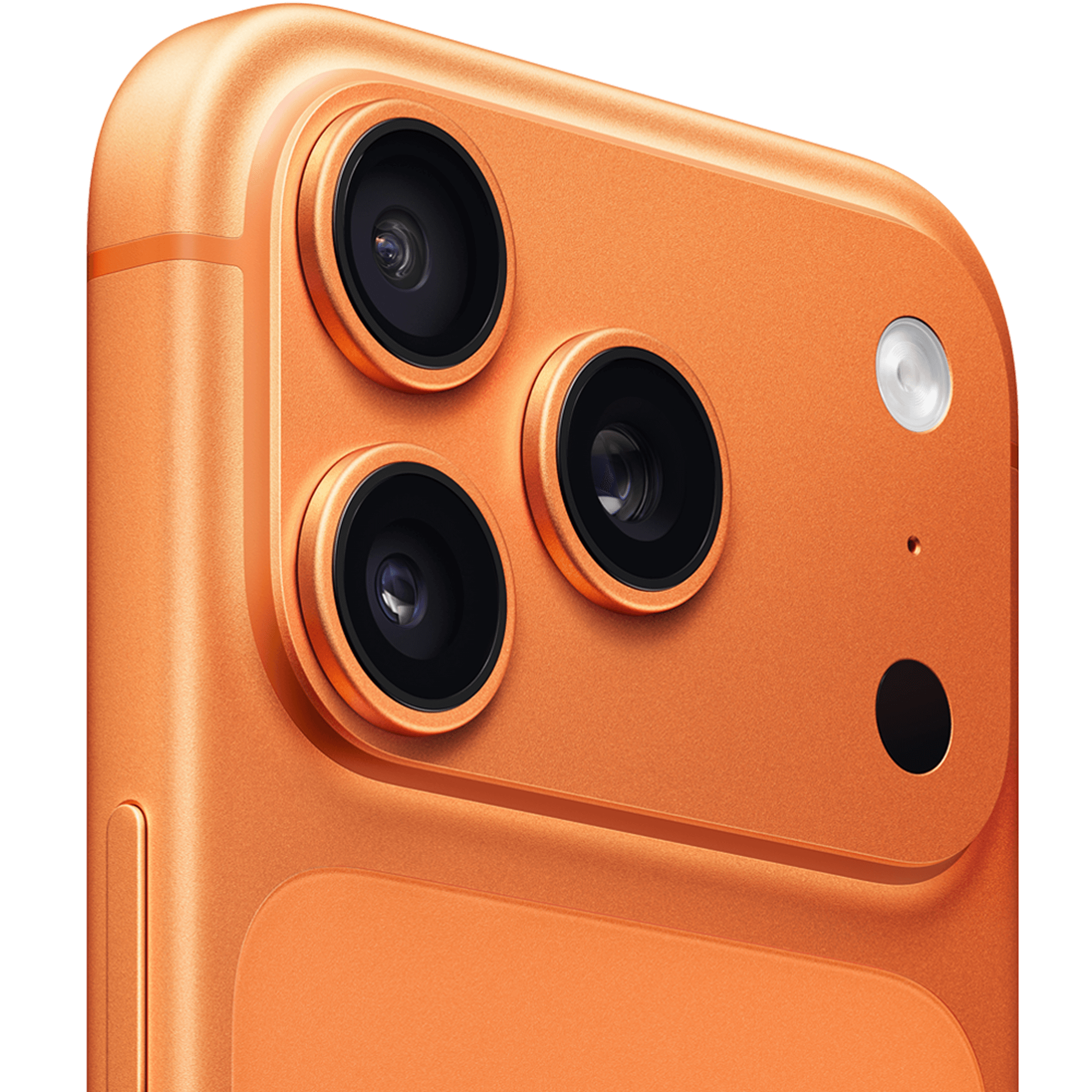 Angeschrägte Rückansicht Apple iPhone 17 Pro Cosmic Orange.