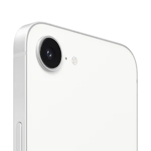 Rückansicht iPhone 17e in weiß mit Fokus auf Rückkamera.