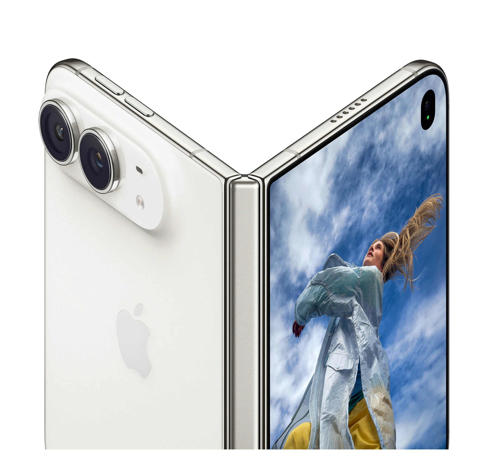 Highlight Bild vom Gerät Apple iPhone Duo in Star White, V-förmig geknickt, links die Rückseite mit Doppelkamera, rechts im Display das Foto einer Frau mit wehenden Haaren vor Wolkenhimmel.