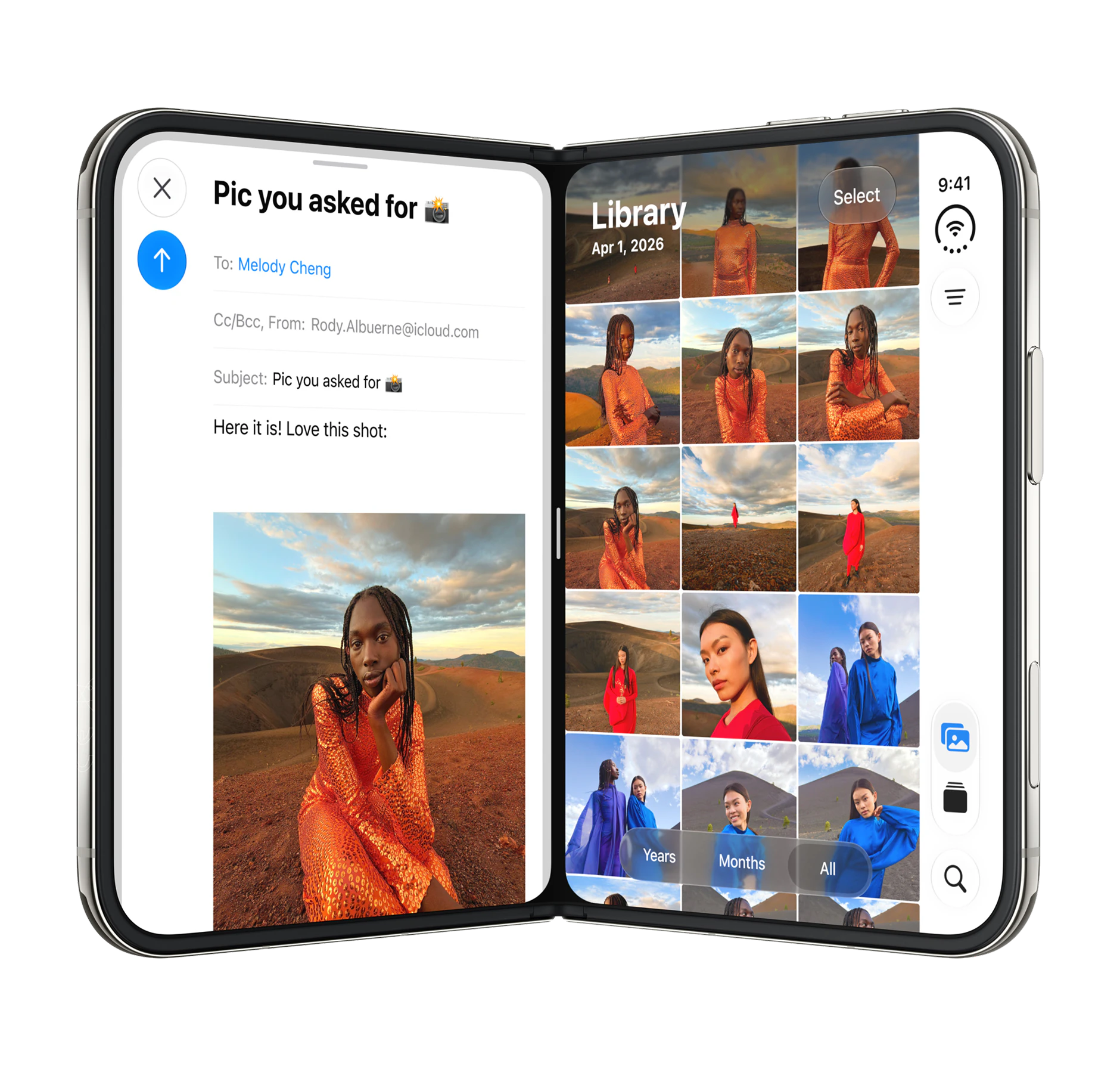 Highlight Bild vom Gerät Aufgeklapptes Apple iPhone Duo mit geteiltem Display: links ein E-Mail-Entwurf „Pic you asked for” mit Foto, rechts die Fotomediathek mit Porträtaufnahmen.