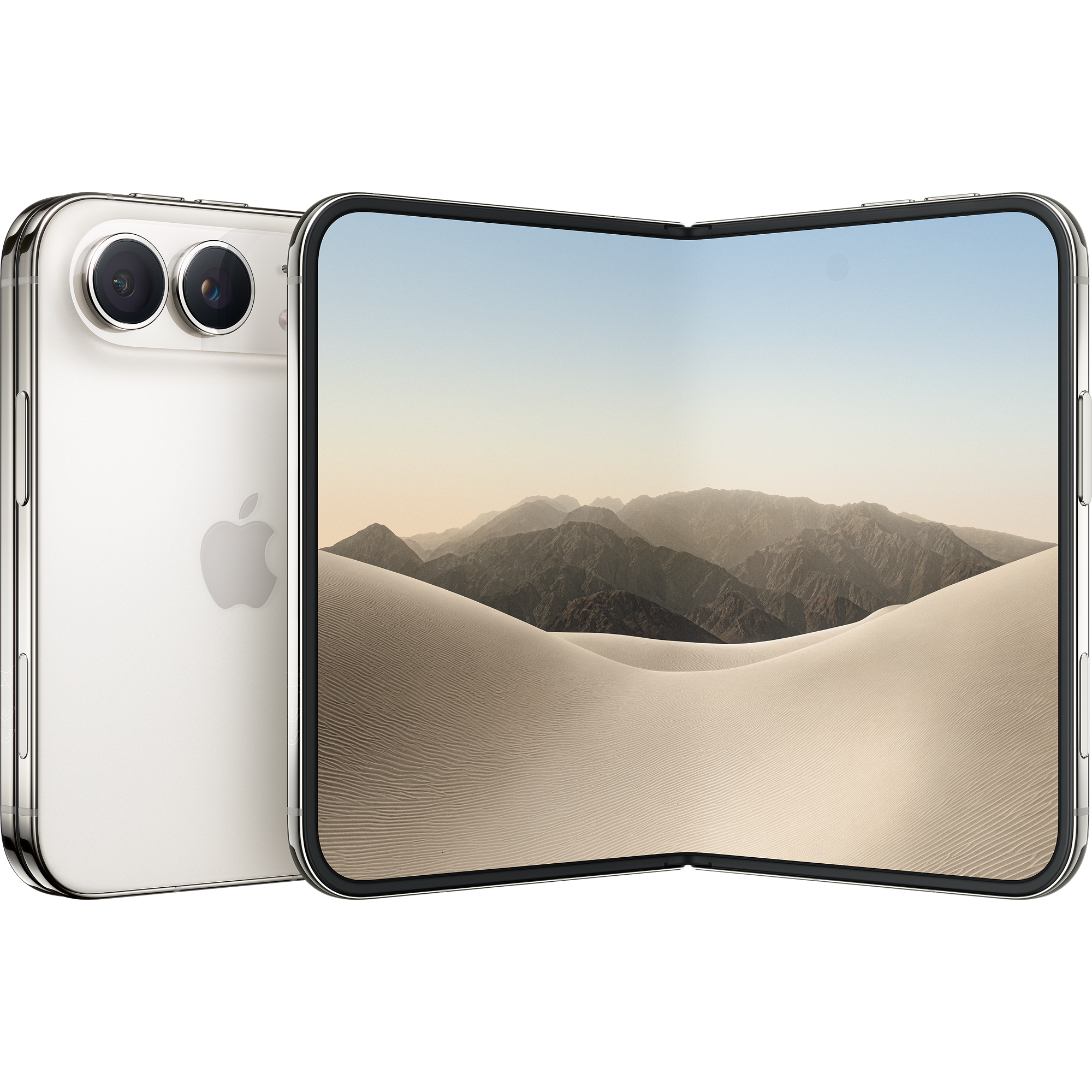 Apple iPhone Duo in Star White, aufgeklappt, Rückseite mit Doppelkamera, Display mit Wüstenlandschaft.
